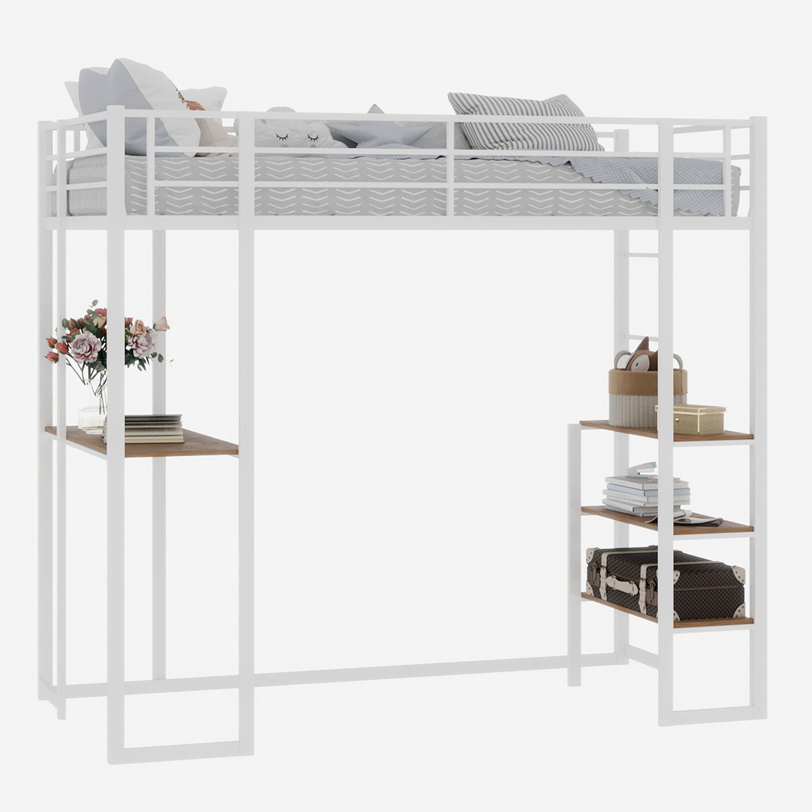 Iron Frame Bed, L-Shaped Desk, Railing, Stairs, Metal