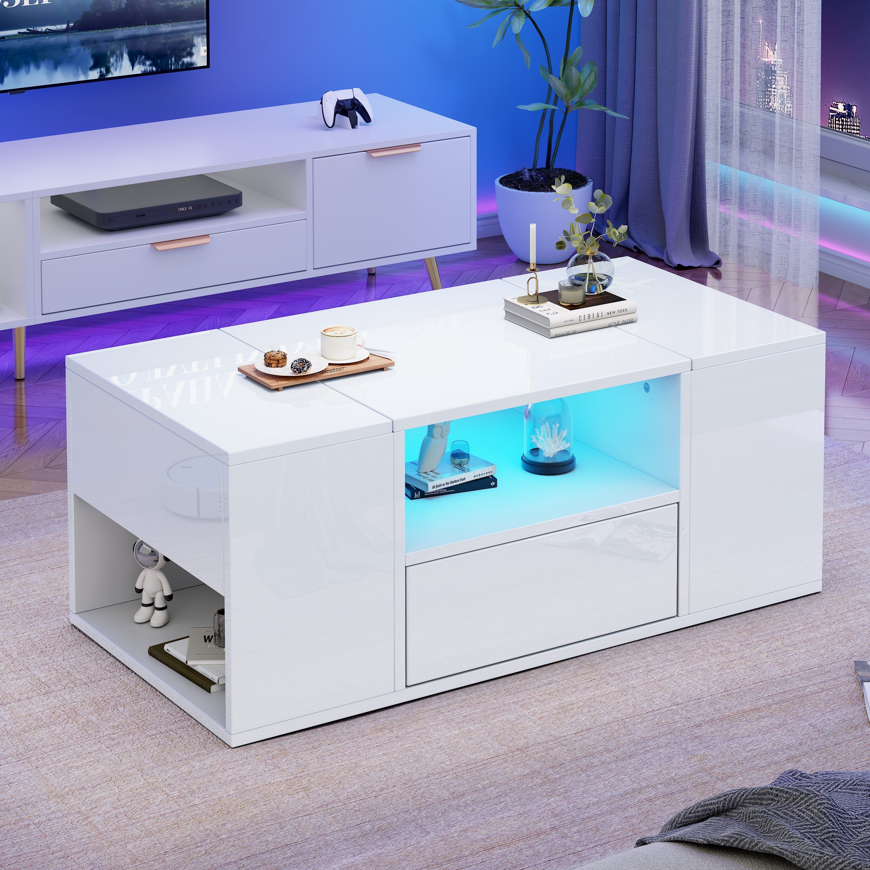 Coffee Table 100x50x40cm High-Gloss LED Light 6 Storage Compartments - White
