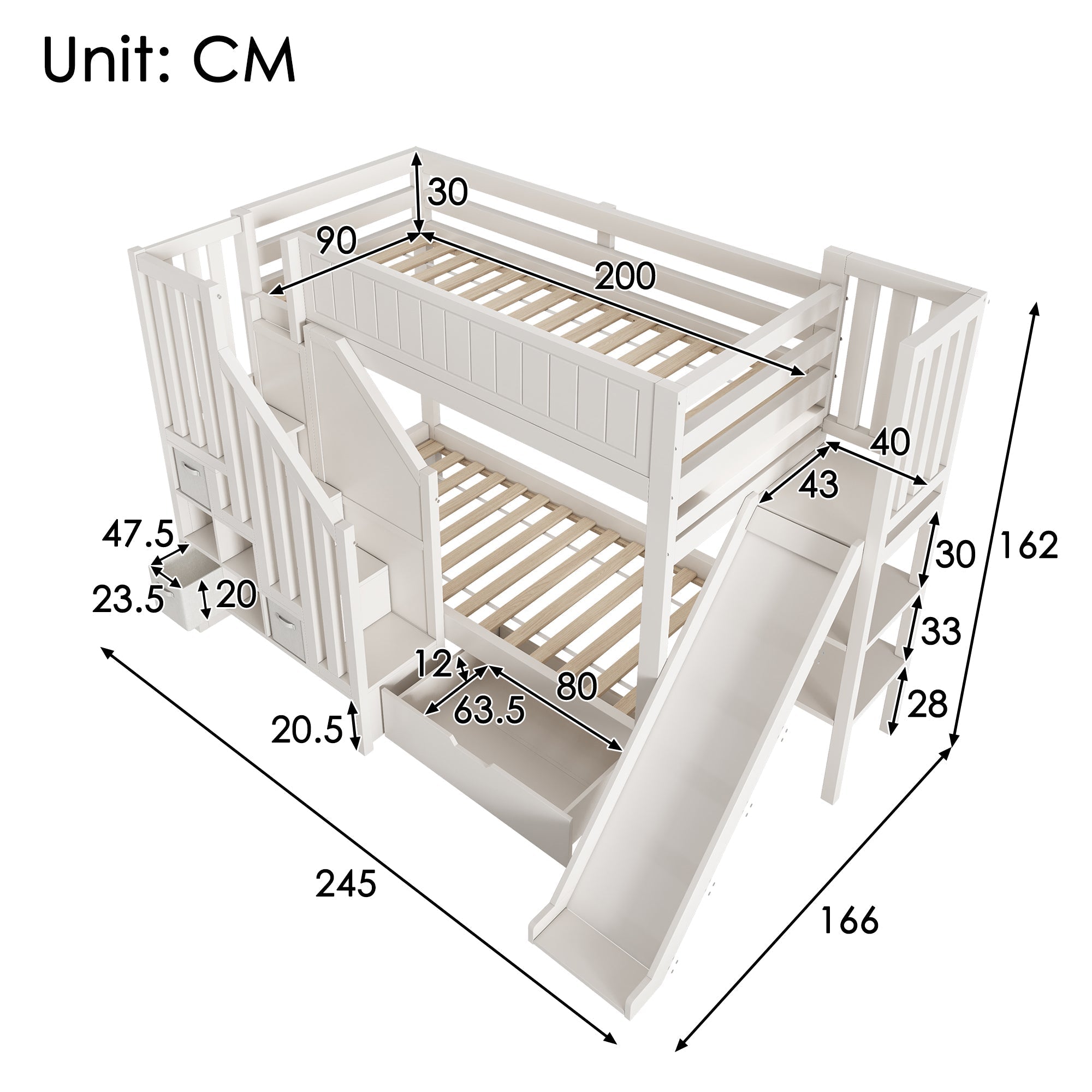 Children's Bunk Bed with Slide, Ladder Wardrobe, Drawers and Shelf, 90x200cm, White