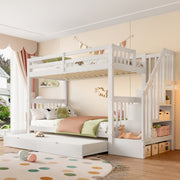 Bunk Bed with Stair Shelf and Pull-out Trundle Bed, 90x200cm, White