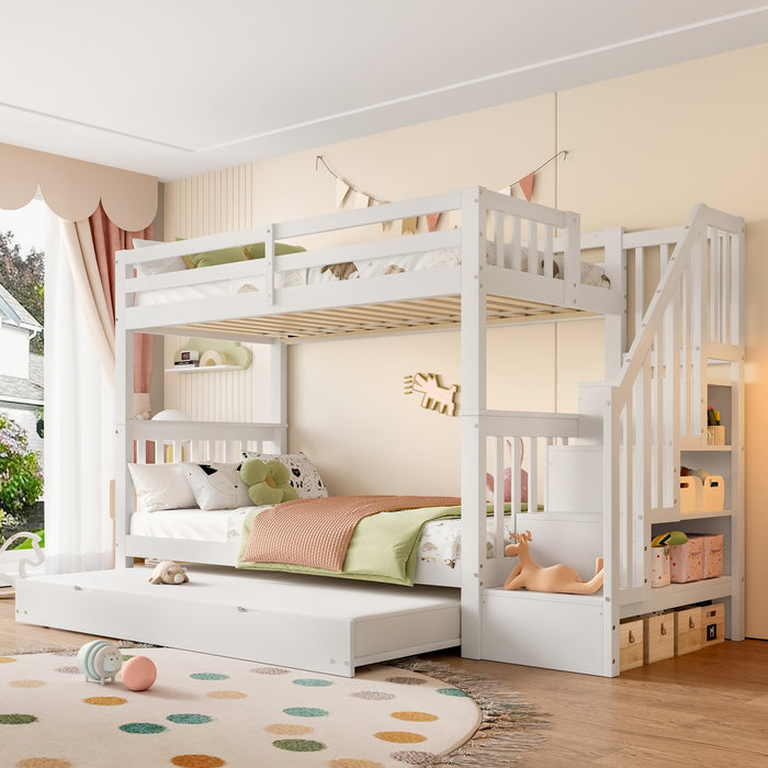 Bunk Bed with Stair Shelf and Pull-out Trundle Bed, 90x200cm, White