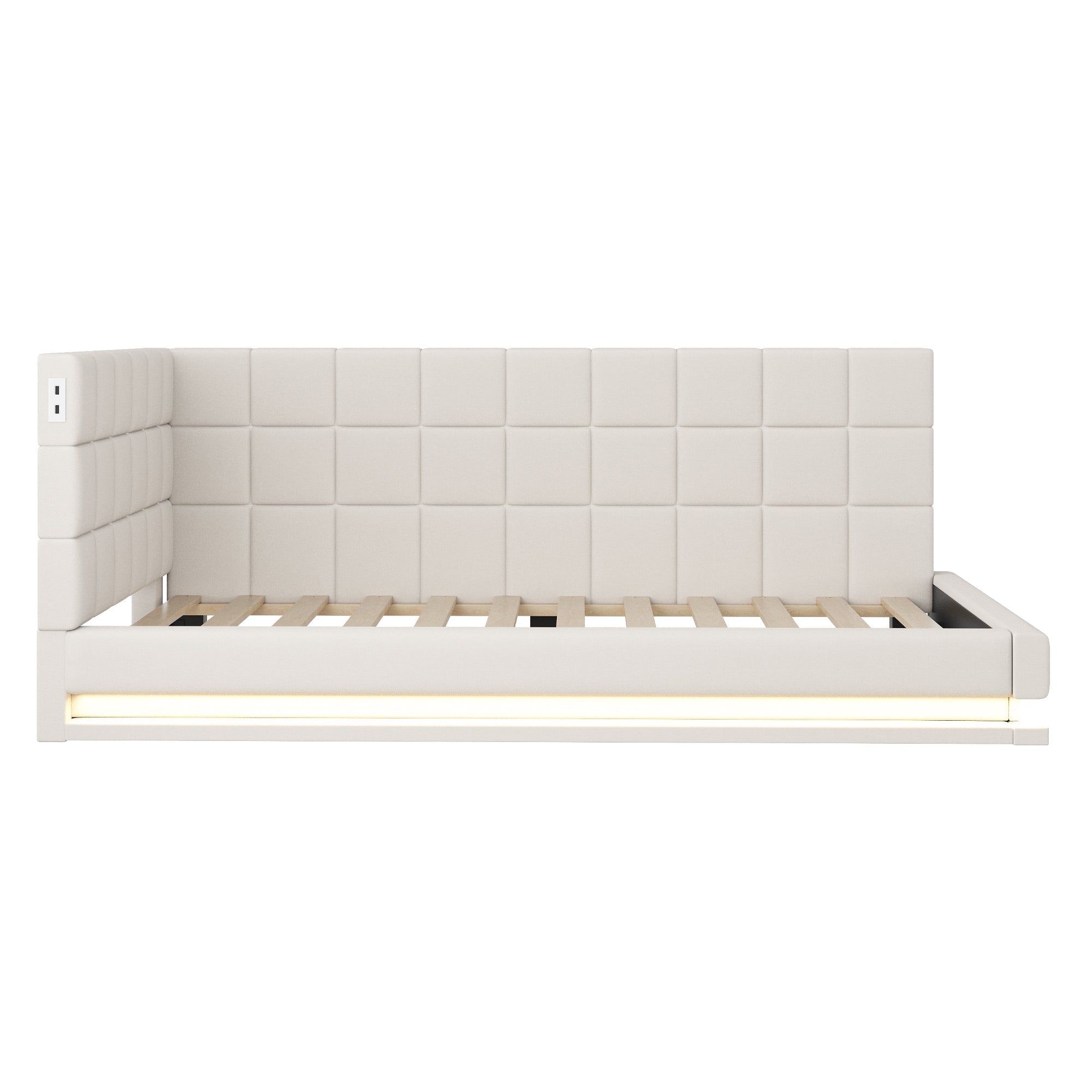 Upholstered Bed Sofa, 90x200 Multifunctional with LED & USB, Linen Fabric, Beige