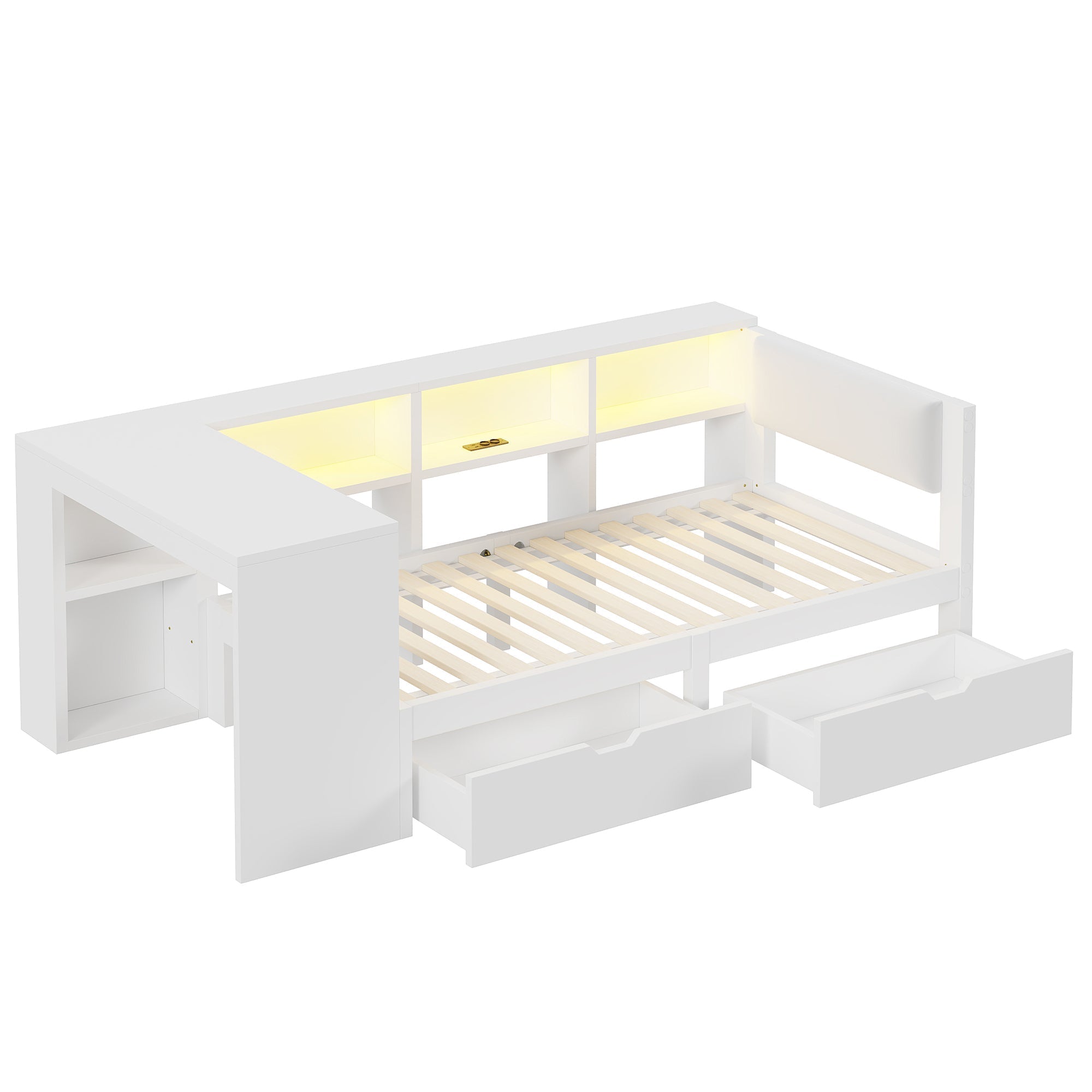 Platform Bed 90x200 Storage Drawers Shelves Upholstered Headboard LED - White