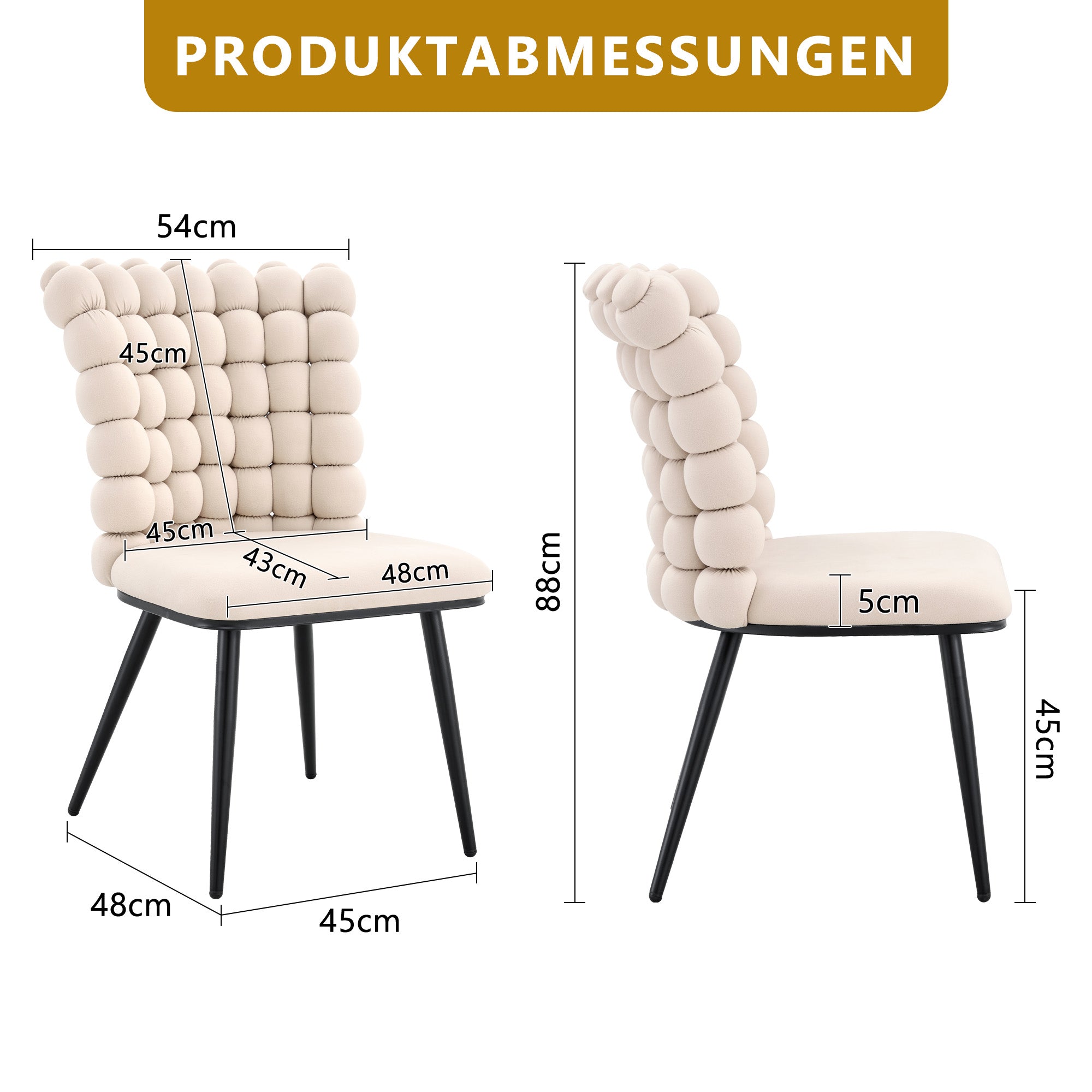 Velvet Dining Chairs Set of 2 Ball Design Metal Legs - Cream White