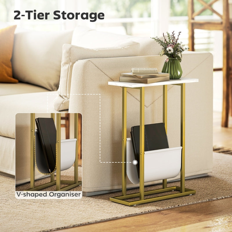Narrow Side Table End Table Nightstand with Magazine Holder, White Marble Grain