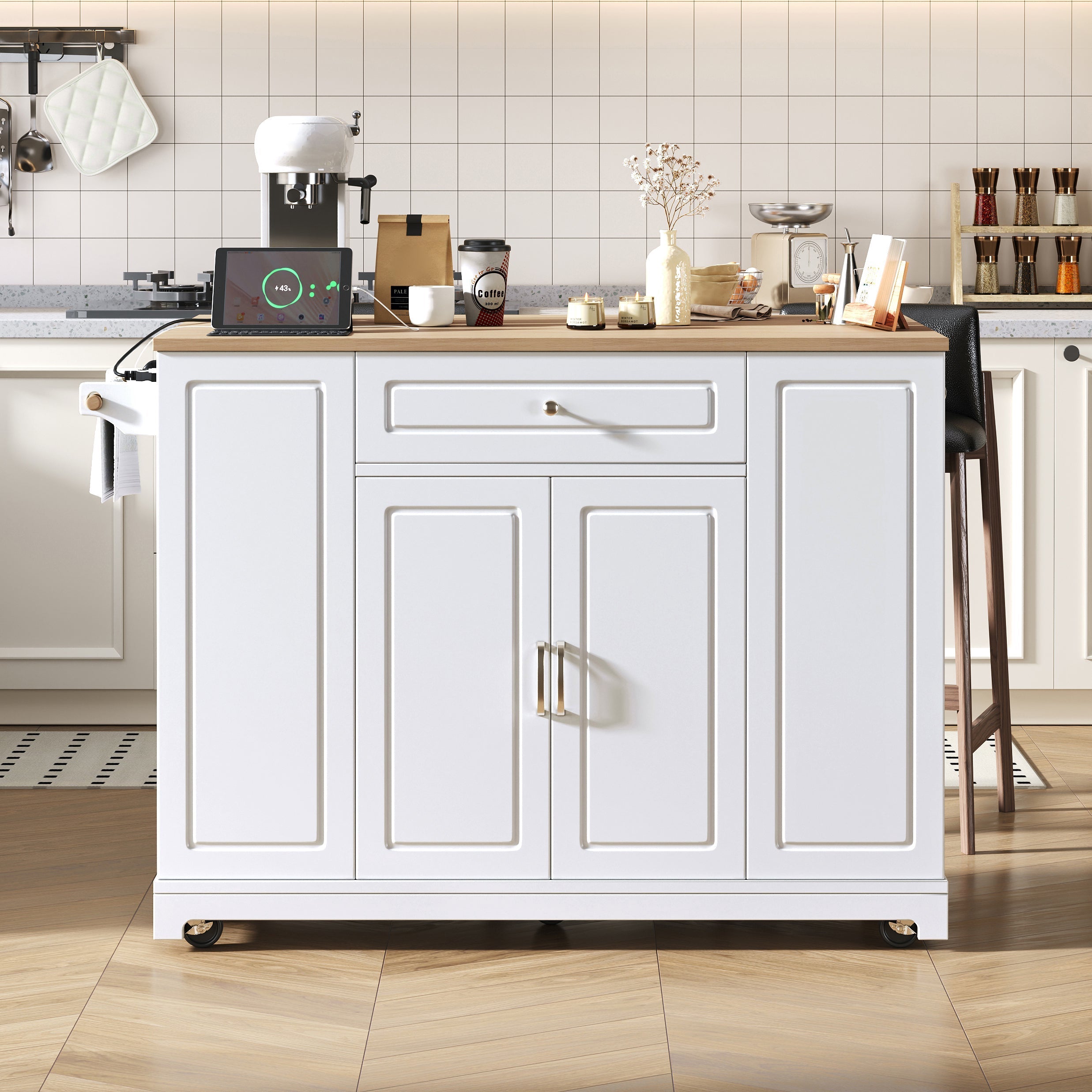Mobile Kitchen Island Extendable Dining Storage Drawers Waste Bin - White