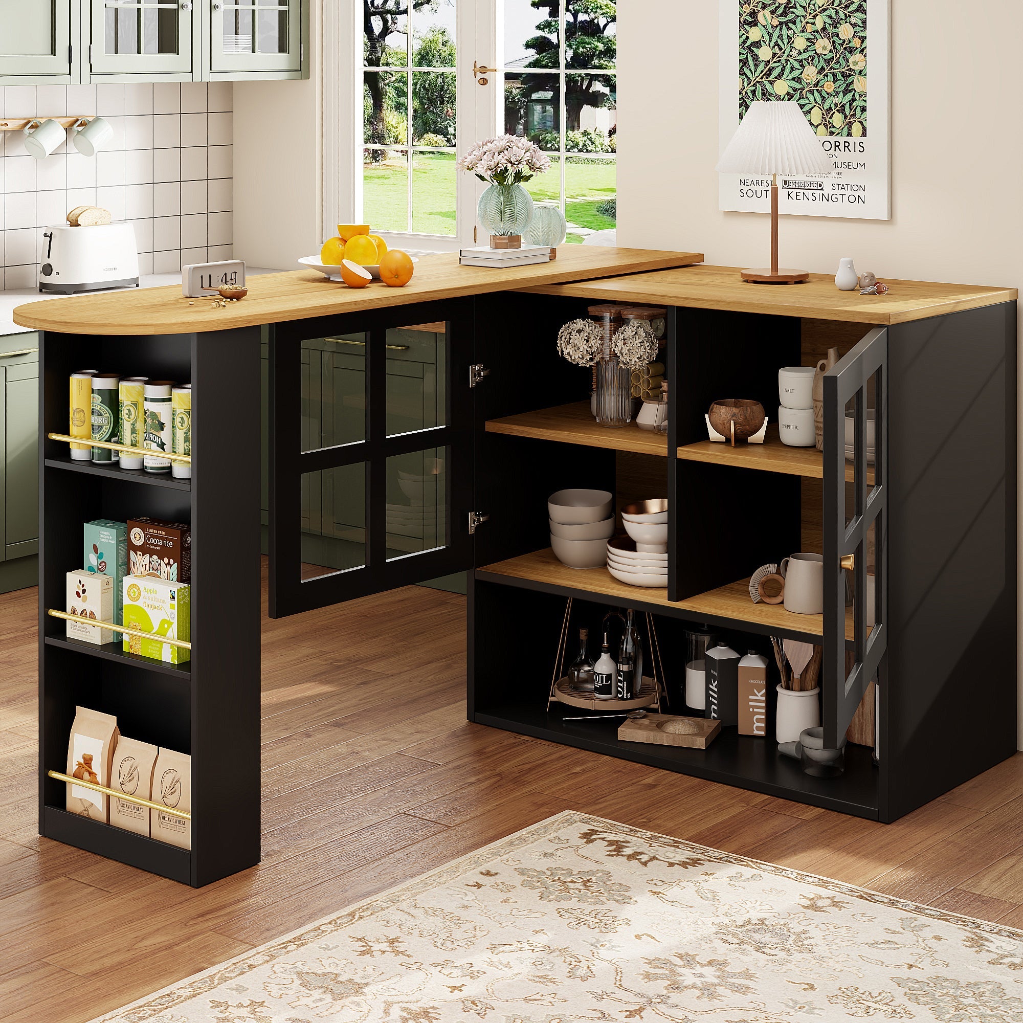 Dining Bar, 360° Rotating Multifunctional with 5 Shelves, Black