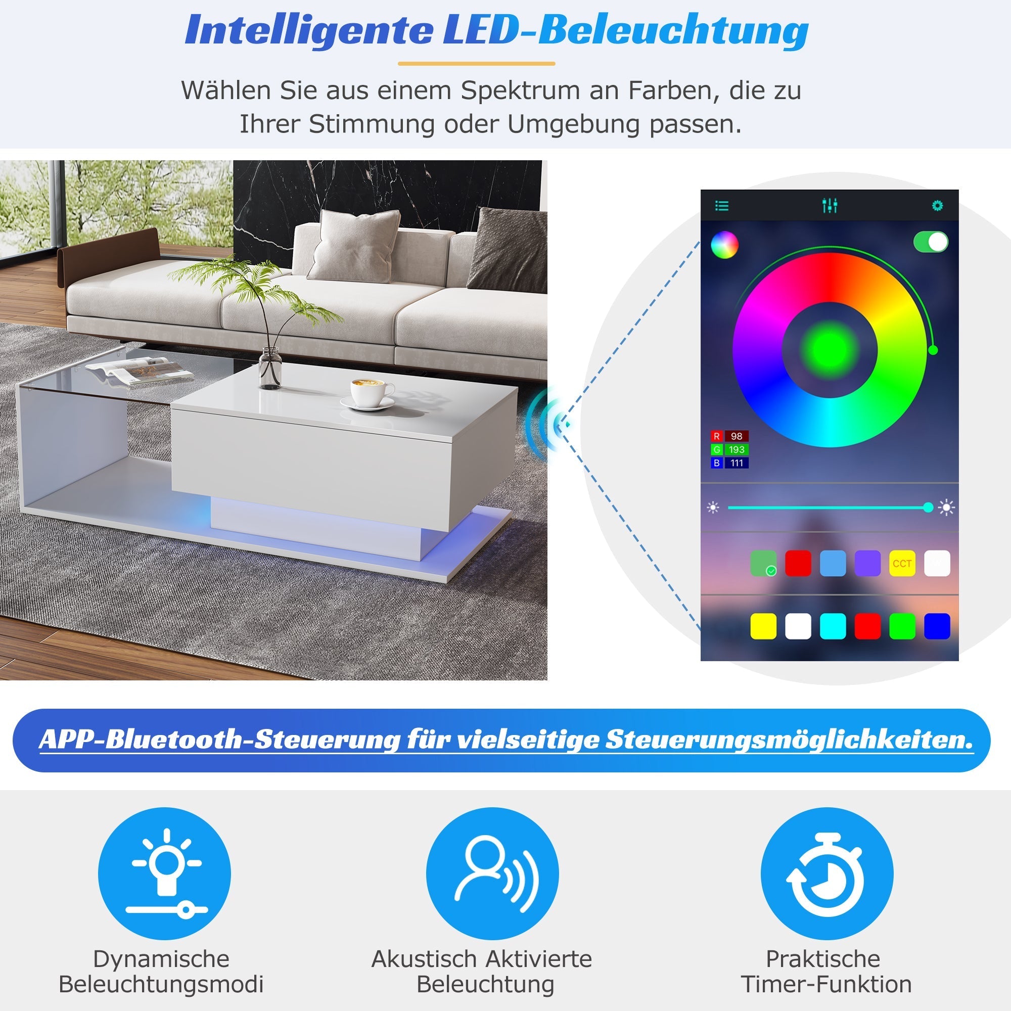 Coffee Table with Glass Top & Drawers, LED Lighting, High-Gloss White