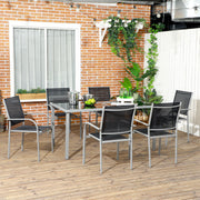 7 Piece Outdoor Garden Dining Set with Table & 6 Stackable Chairs, Steel Frame & Black Glass
