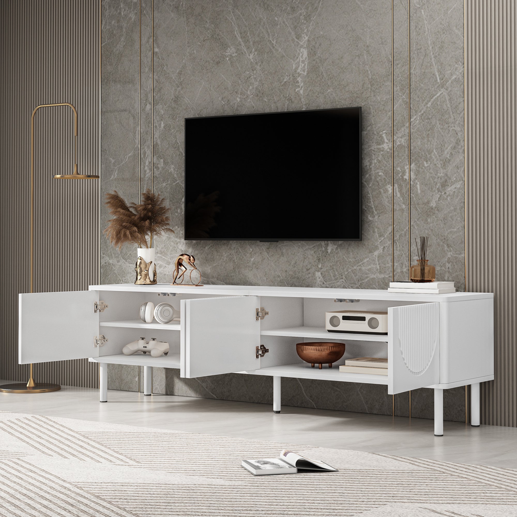 Modern 180cm TV Stand with Storage and Cable Management, White Matte