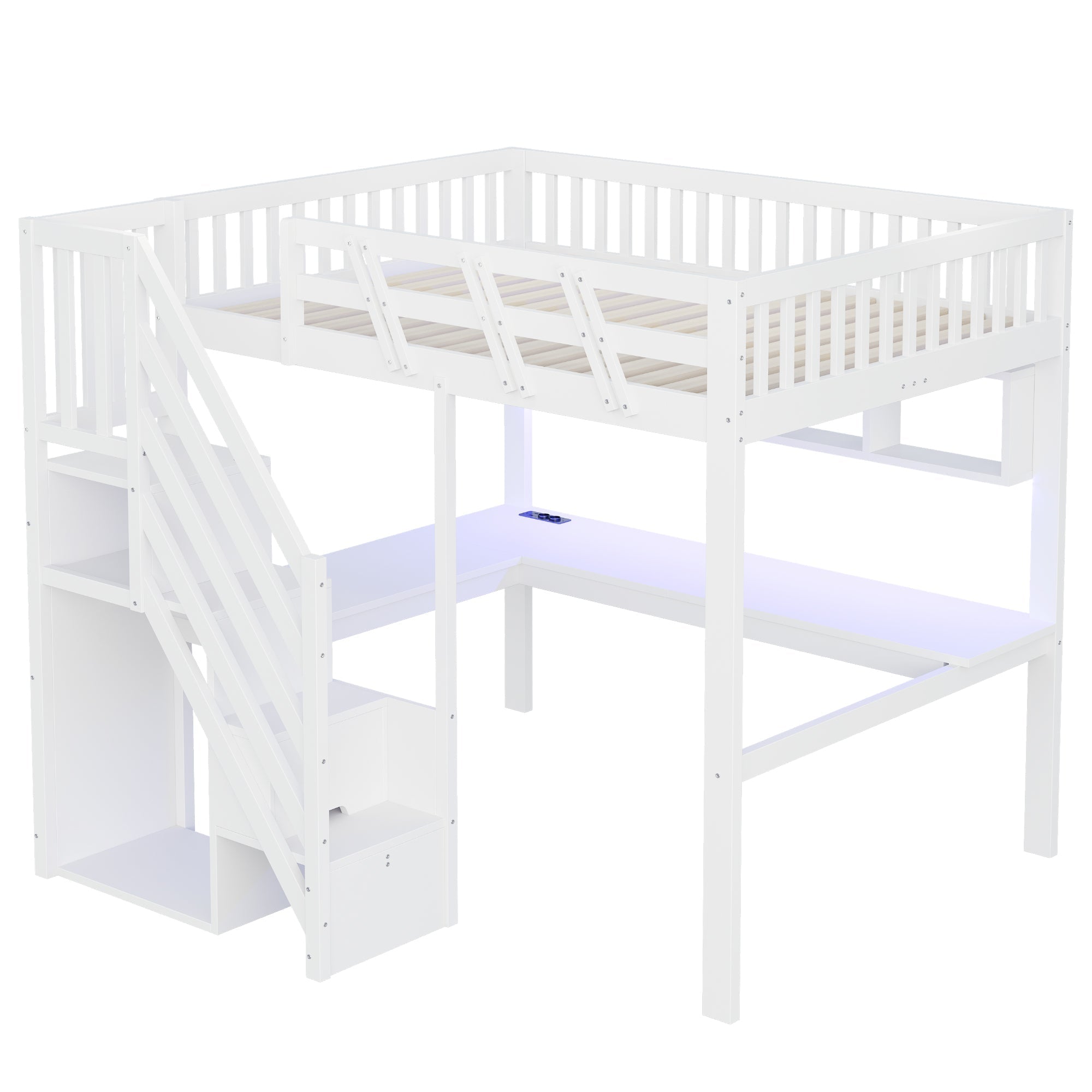 Solid Wood Loft Bed 140x200 with Desk, Storage Stairs, USB and LED, White