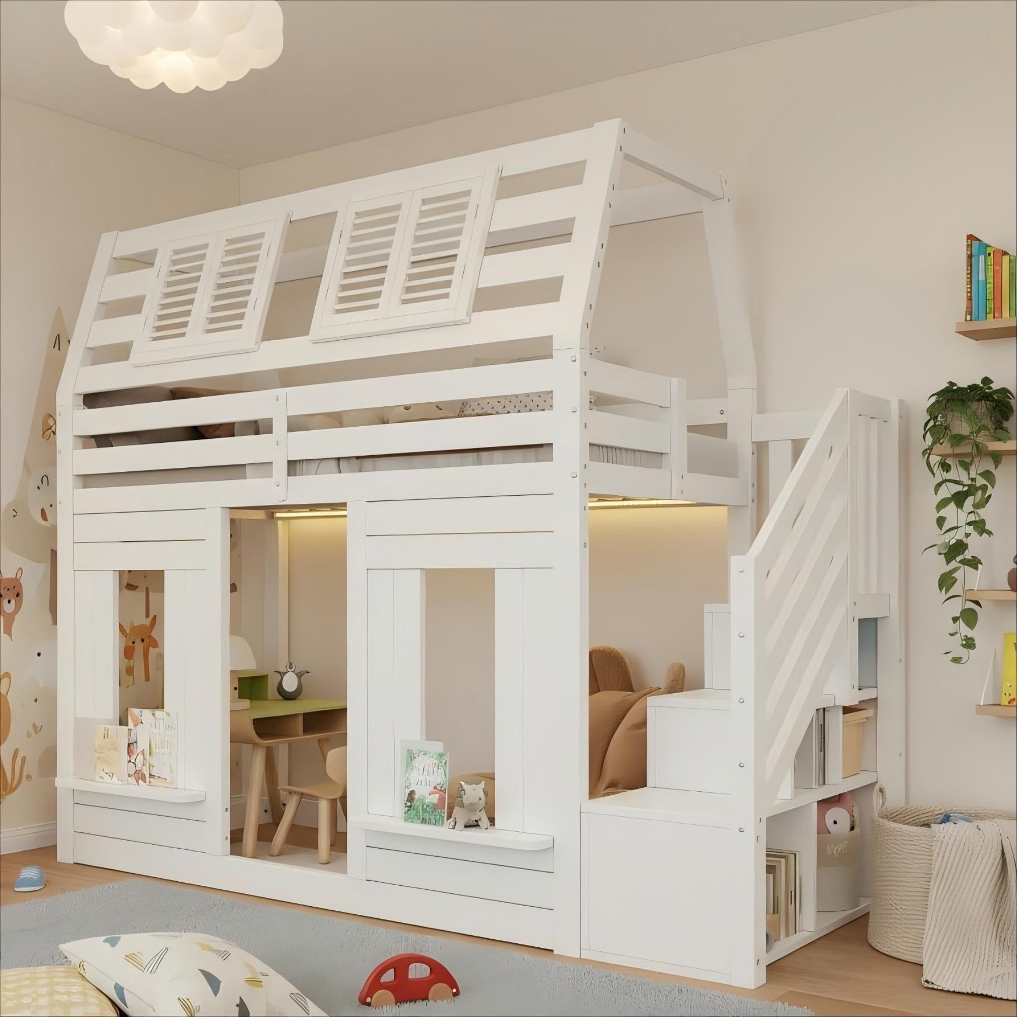 Bunk Bed with LED, Fall Protection and Storage Stairs, 90x200cm, White Wooden House Design