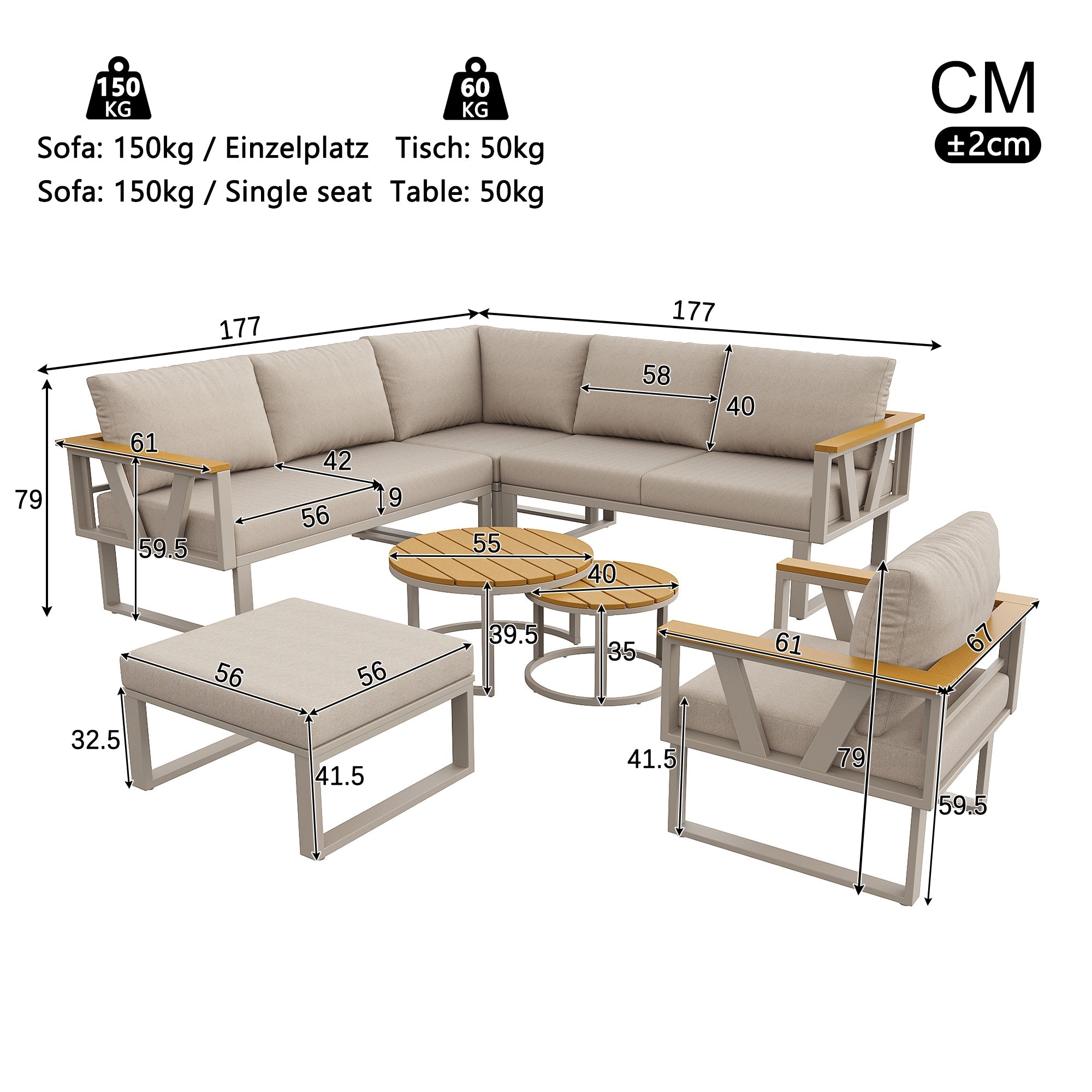 Modular Outdoor Seating Set with 9cm Cushions and 2 Wooden Tables, Grey and Beige