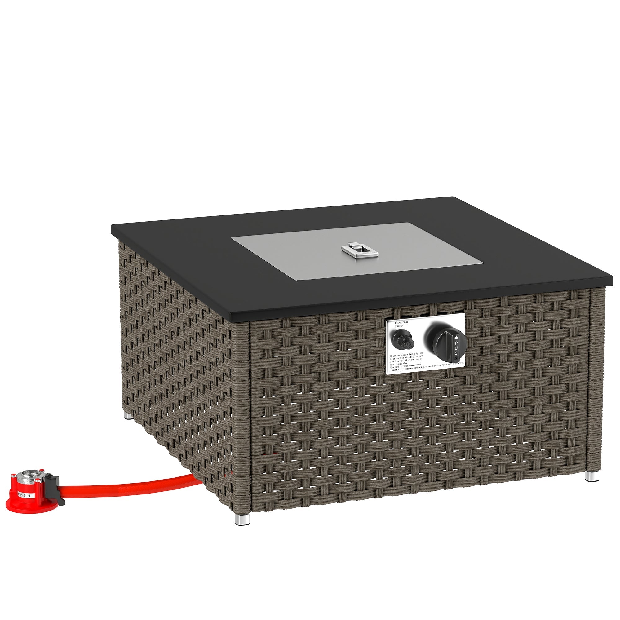 Rattan Gas Fire Pit Table, 13 KW Smokeless Propane Square Coffee Table with Lid, Grey