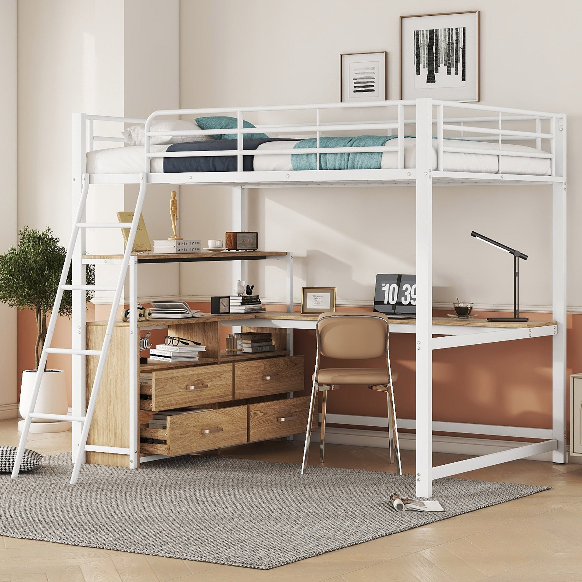 Loft Bed with L-Shaped Desk and Storage Drawers, White Metal Frame
