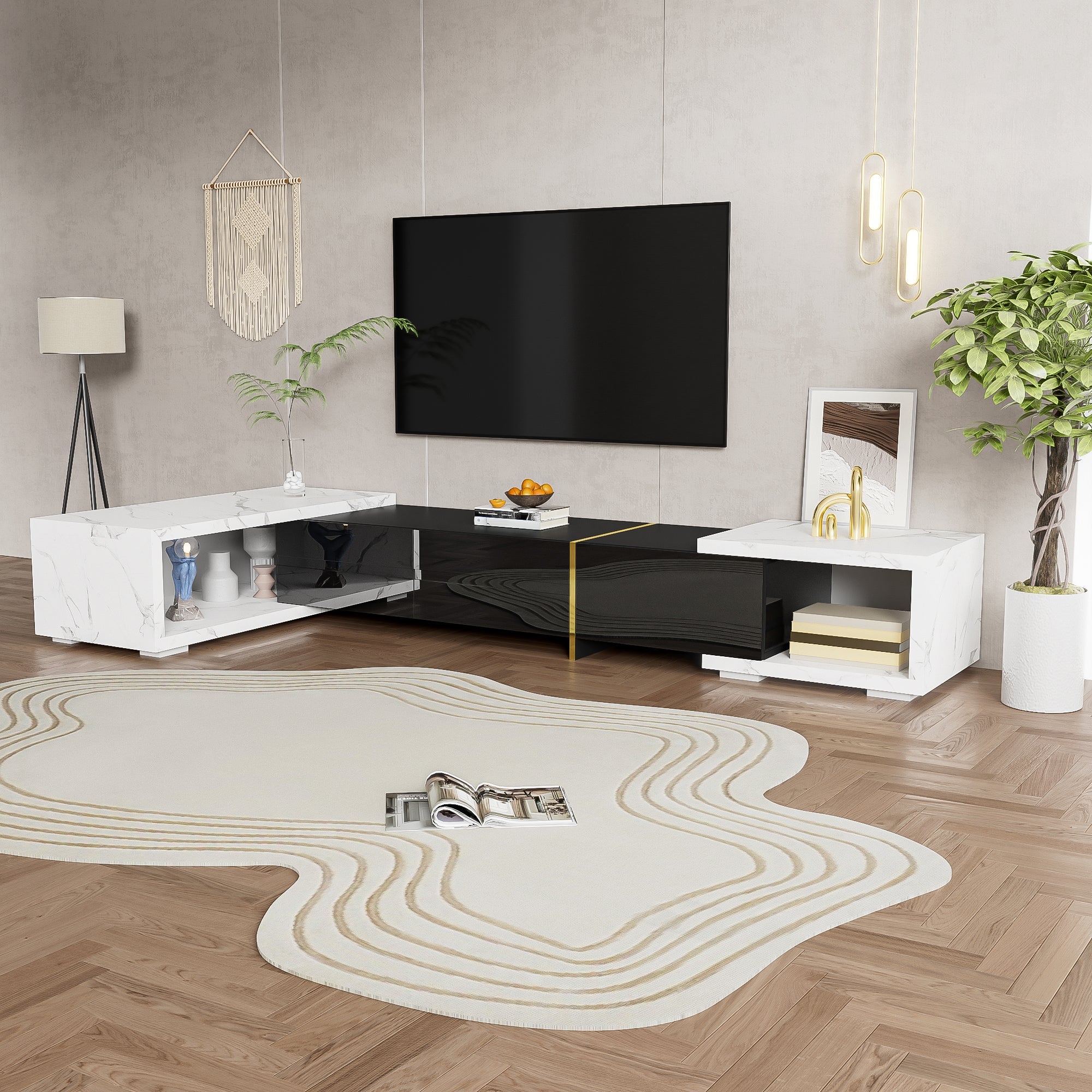 Modern TV Cabinet, Variable Length (140-260 cm) with Rotating Function, White Marble Look & Black High-Gloss Finish