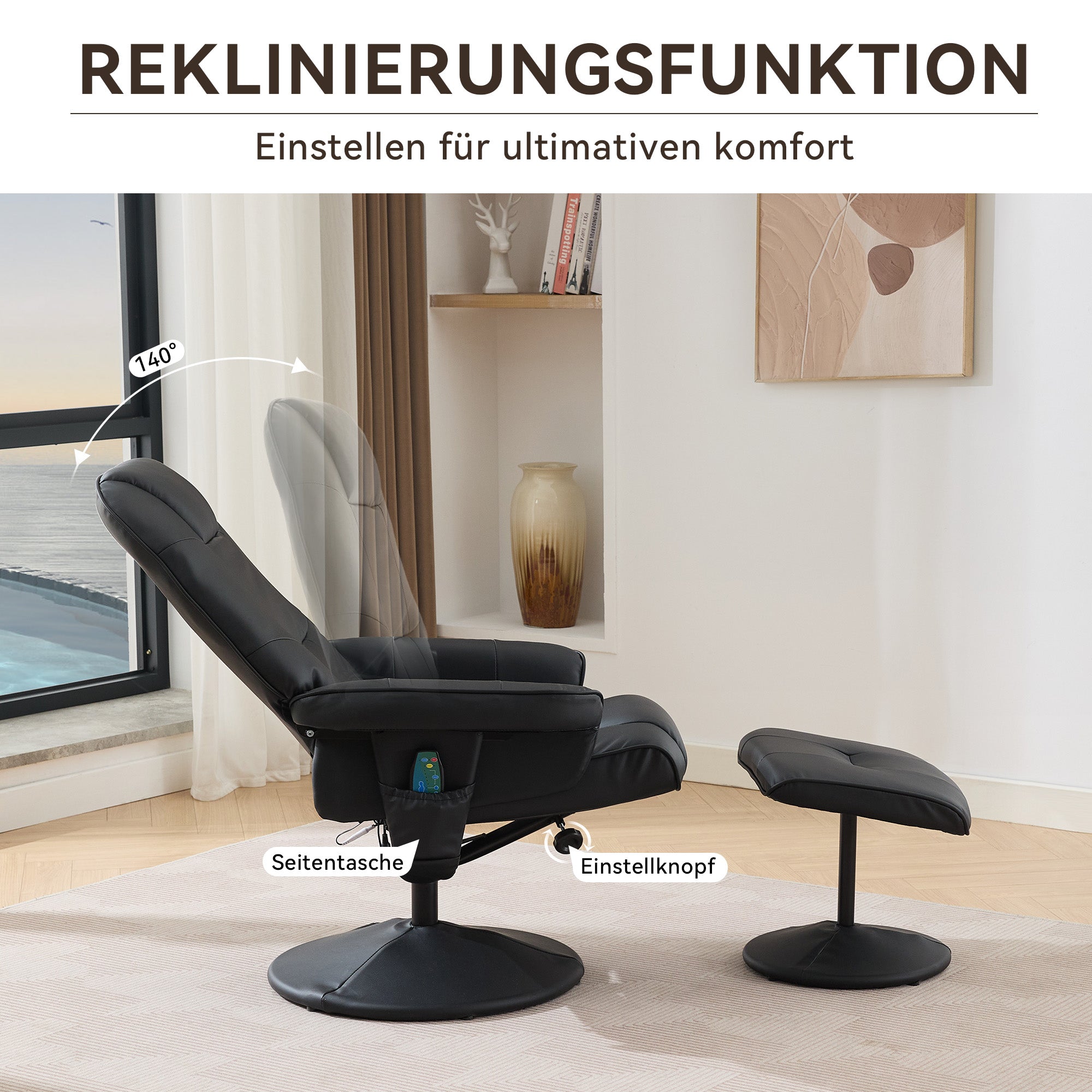 Massage Chair: Reclining, Heating & Stool, 360° Rotation, Black PU Fabric