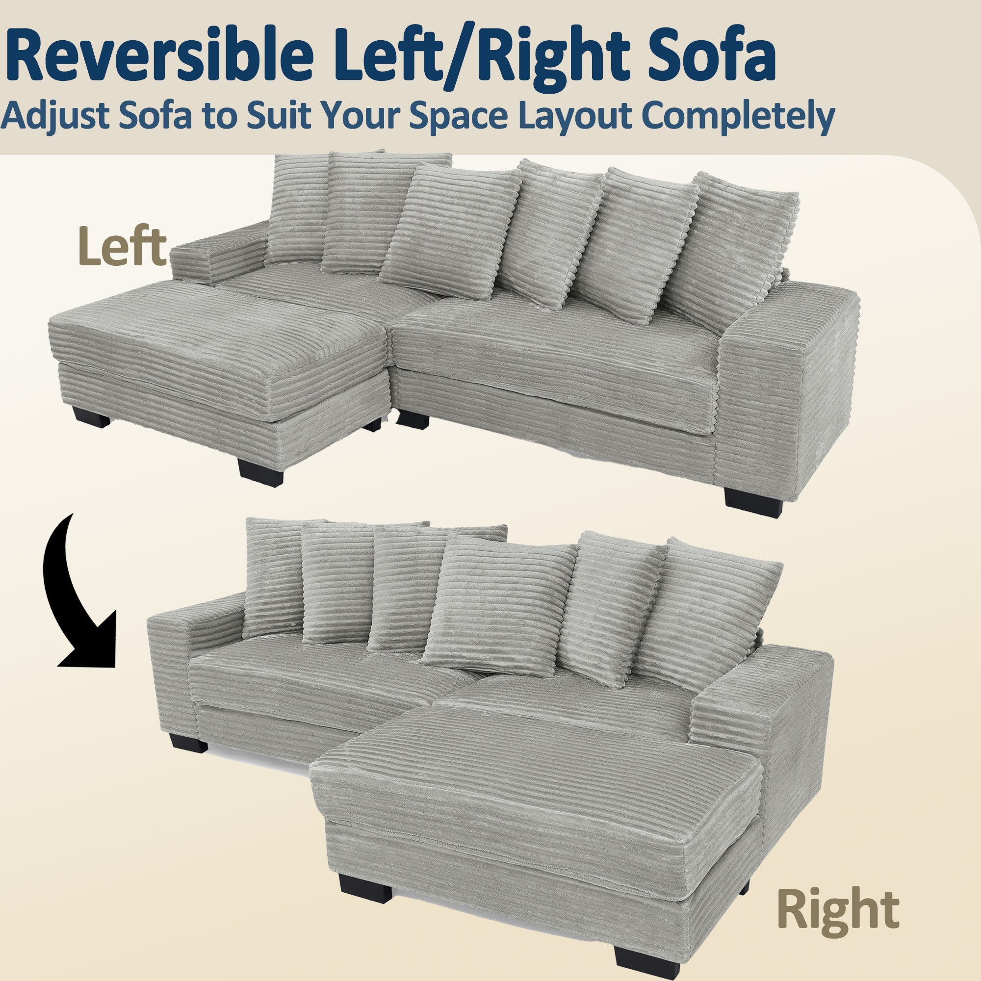 L-shaped Corner Sofa 4-Seater Modular Corduroy with 6 Cushions - Gray
