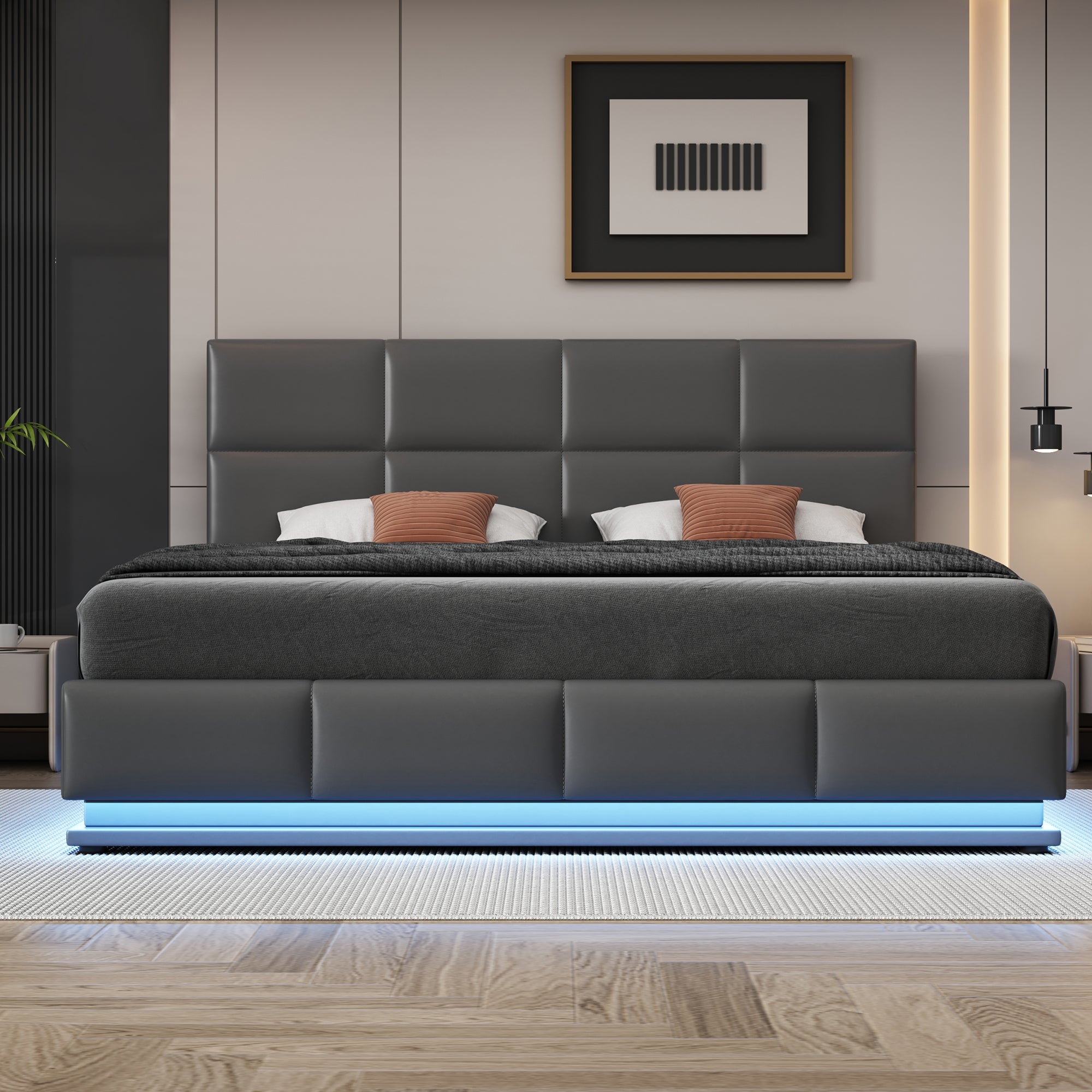 Upholstered Bed, 180x200cm, LED & Hydraulic Storage, Faux Leather Gray