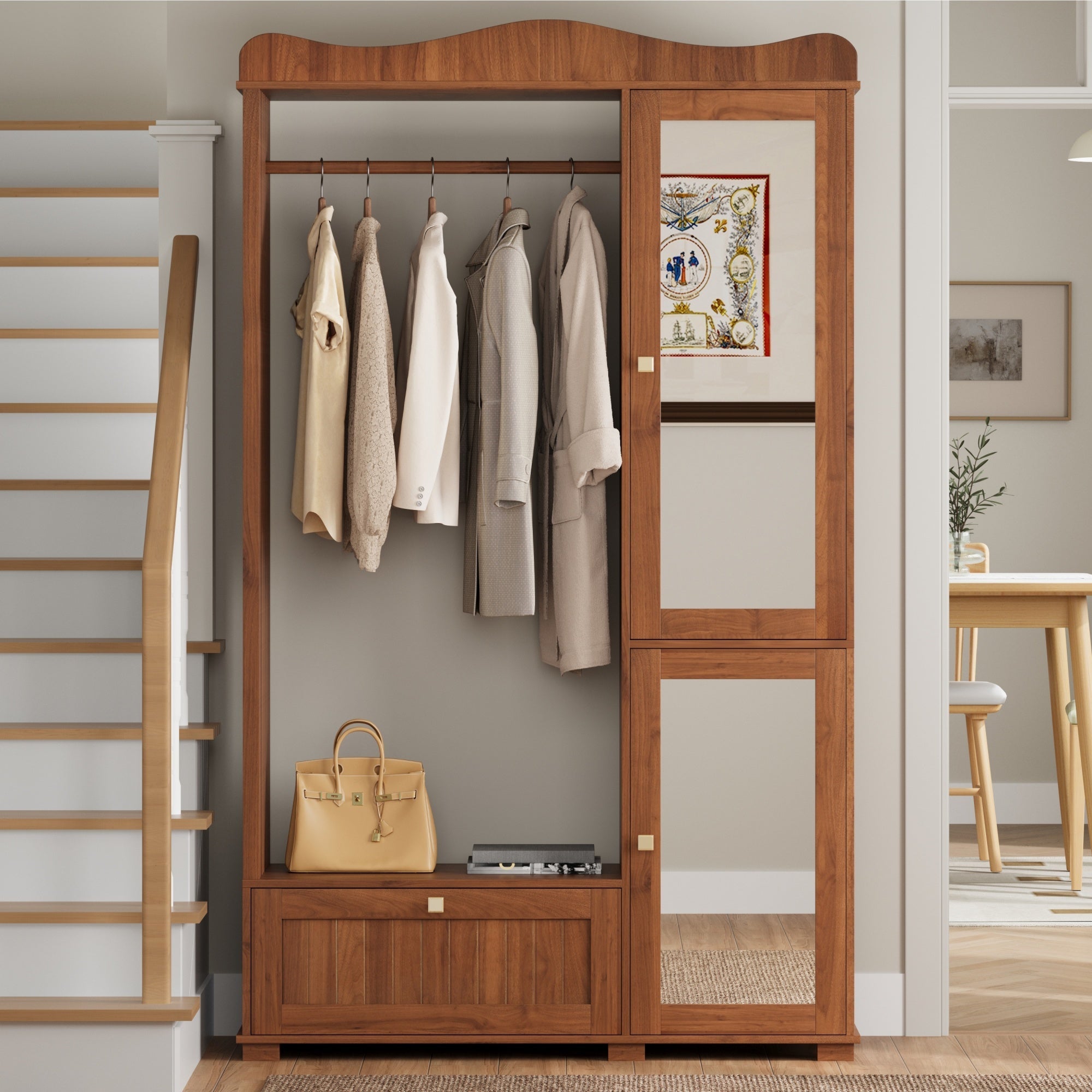 Wardrobe with Mirror and Open Clothes Rack, Drawer and 2 Doors, Natural Wood and Glass