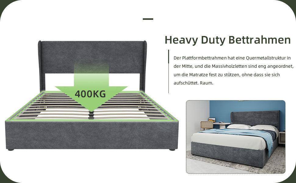 Upholstered Bed, Modern Minimalist with Gas Lift Storage, Grey
