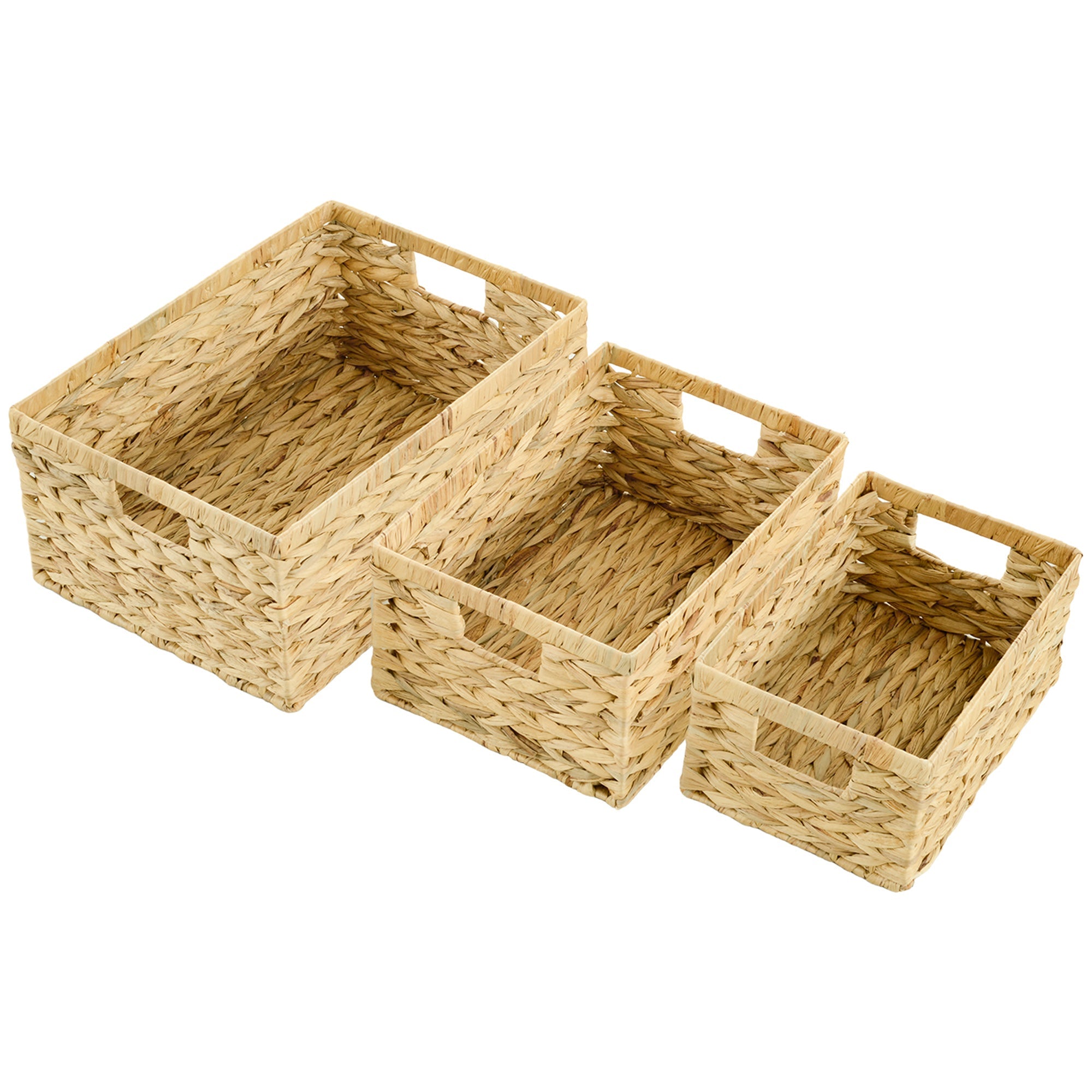 Storage Baskets, Set of 3 Woven Water Hyacinth for Storage and Organization, Natural Wood