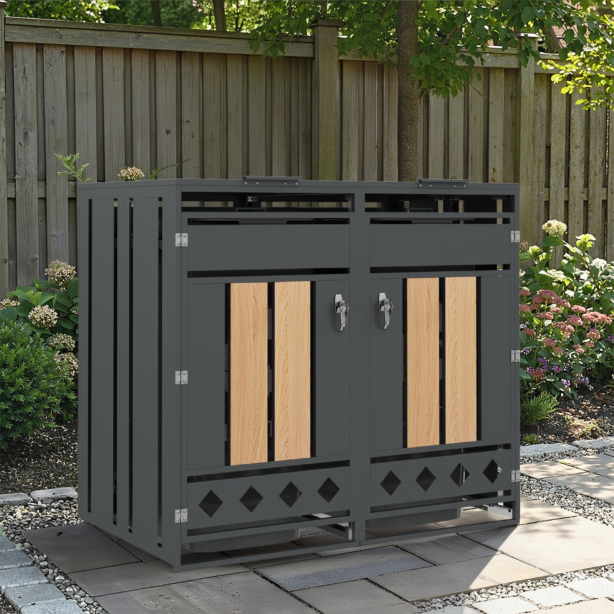 Bin Storage Box with Hinged Lid and Lockable Two Doors, Vertical Wood Grain