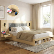 Double Bed with Storage, USB Charging Station, Reading Lamp and 2 Bedside Tables, 160x200cm, Light Oak Wood