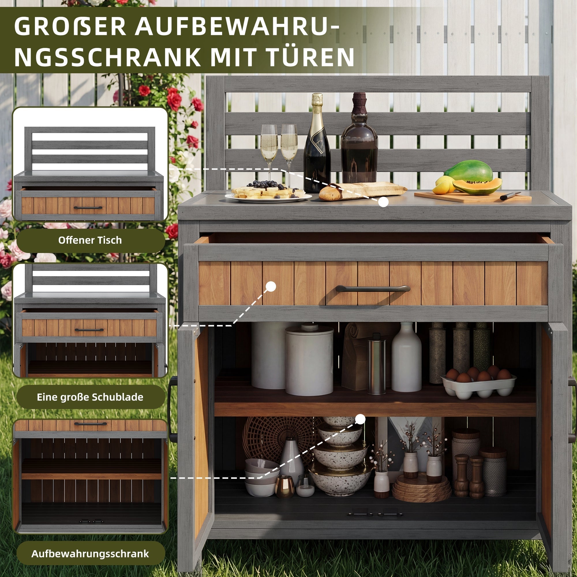 Wooden Garden Cabinet with Work Surface and Adjustable Shelves, Weatherproof Wood