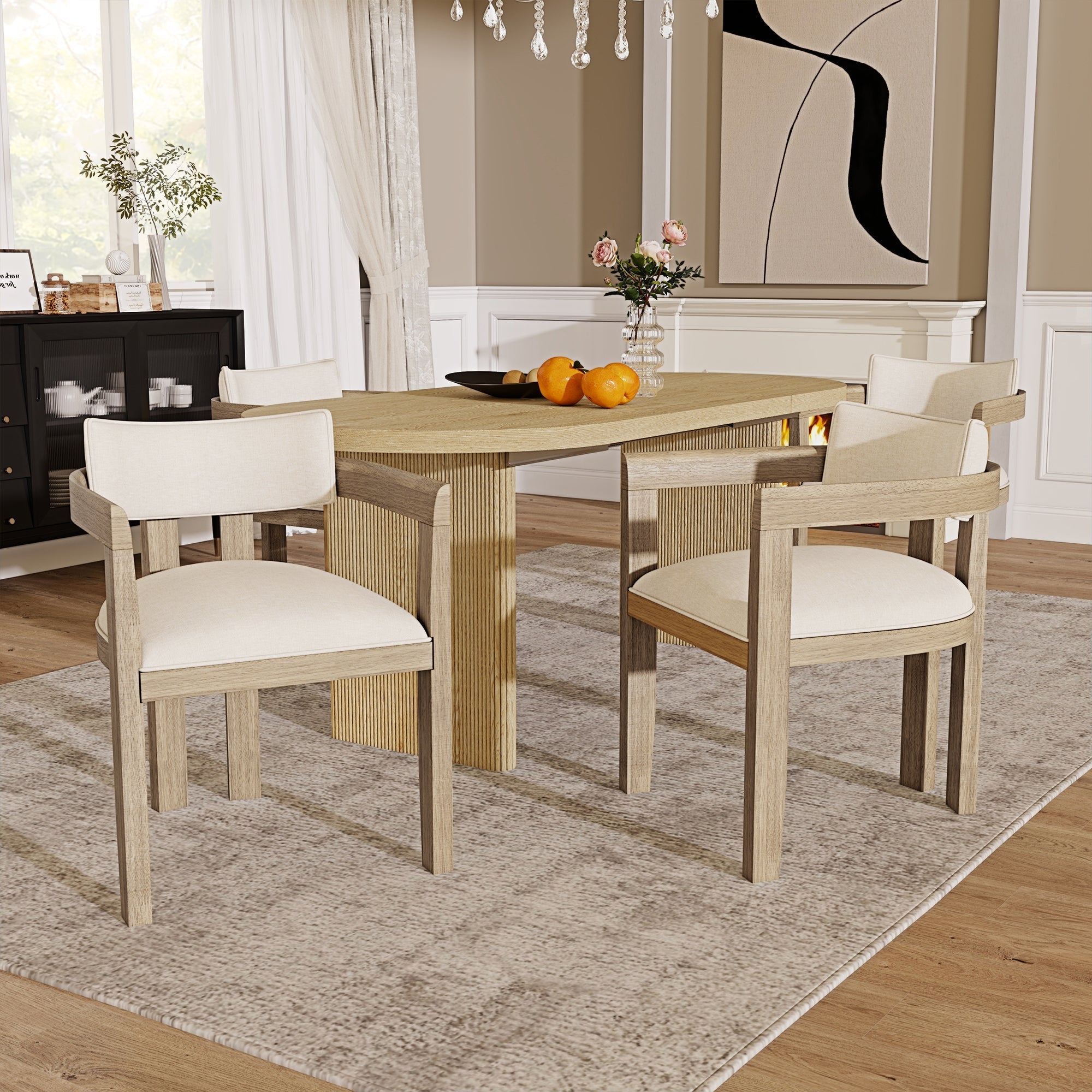 4 Solid Wood Dining Chairs Modern Style Linen Fabric Natural Color