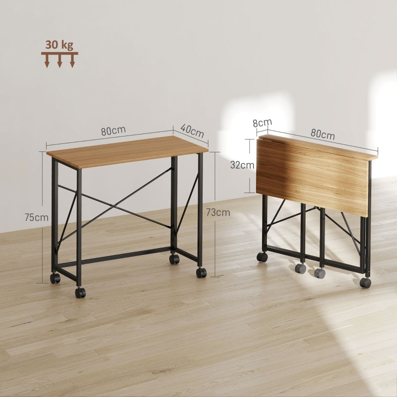 Folding Desk 80cm with Wheels, Space Saving, Oak