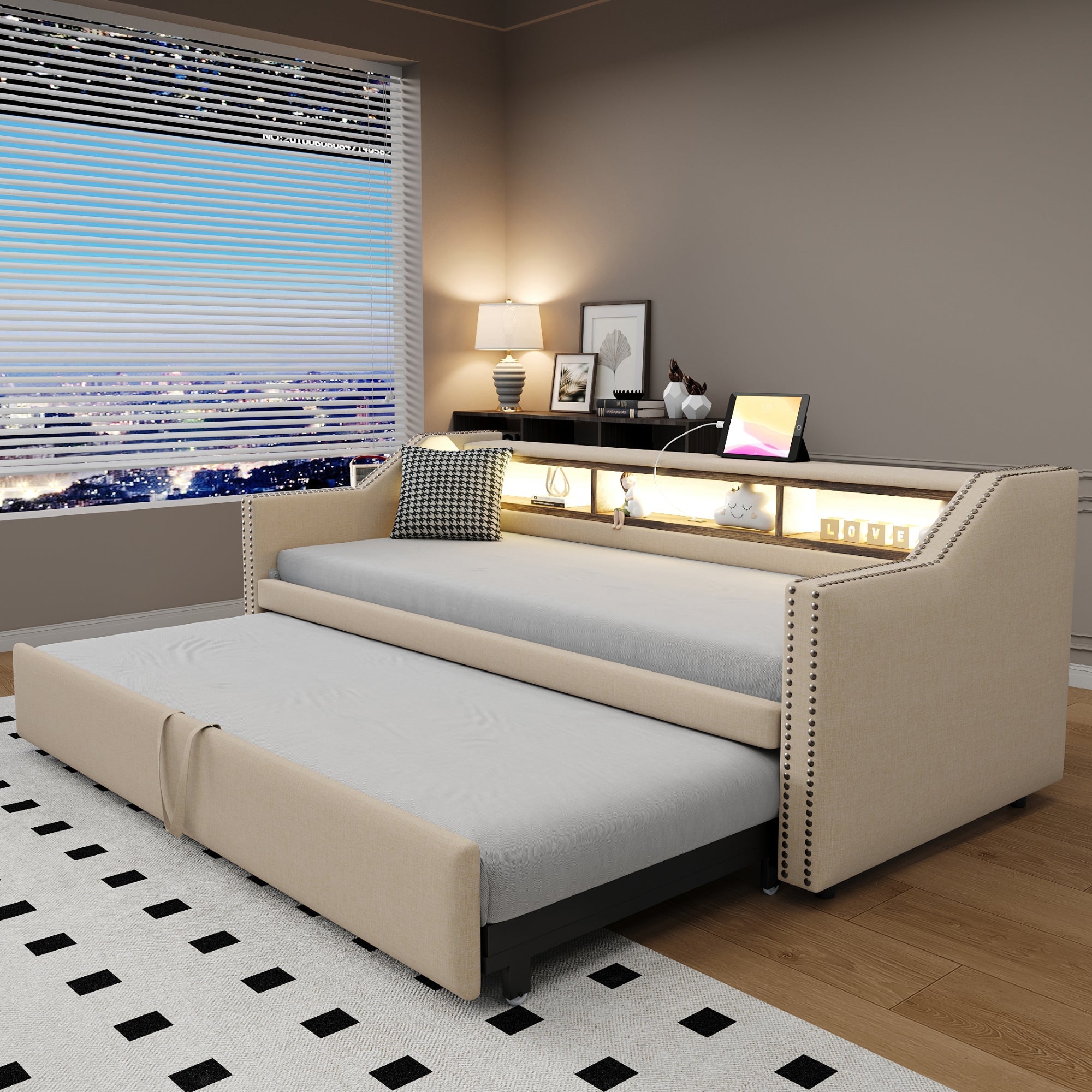 Upholstered Sofa Bed, Pull-Out with Storage, LED & USB, Beige