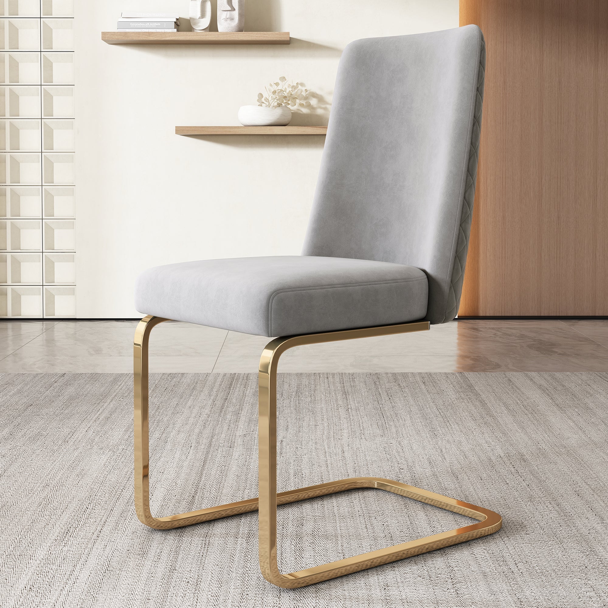 Velvet Dining Chair Set of 6 Diamond Back Gold Metal Legs Grey