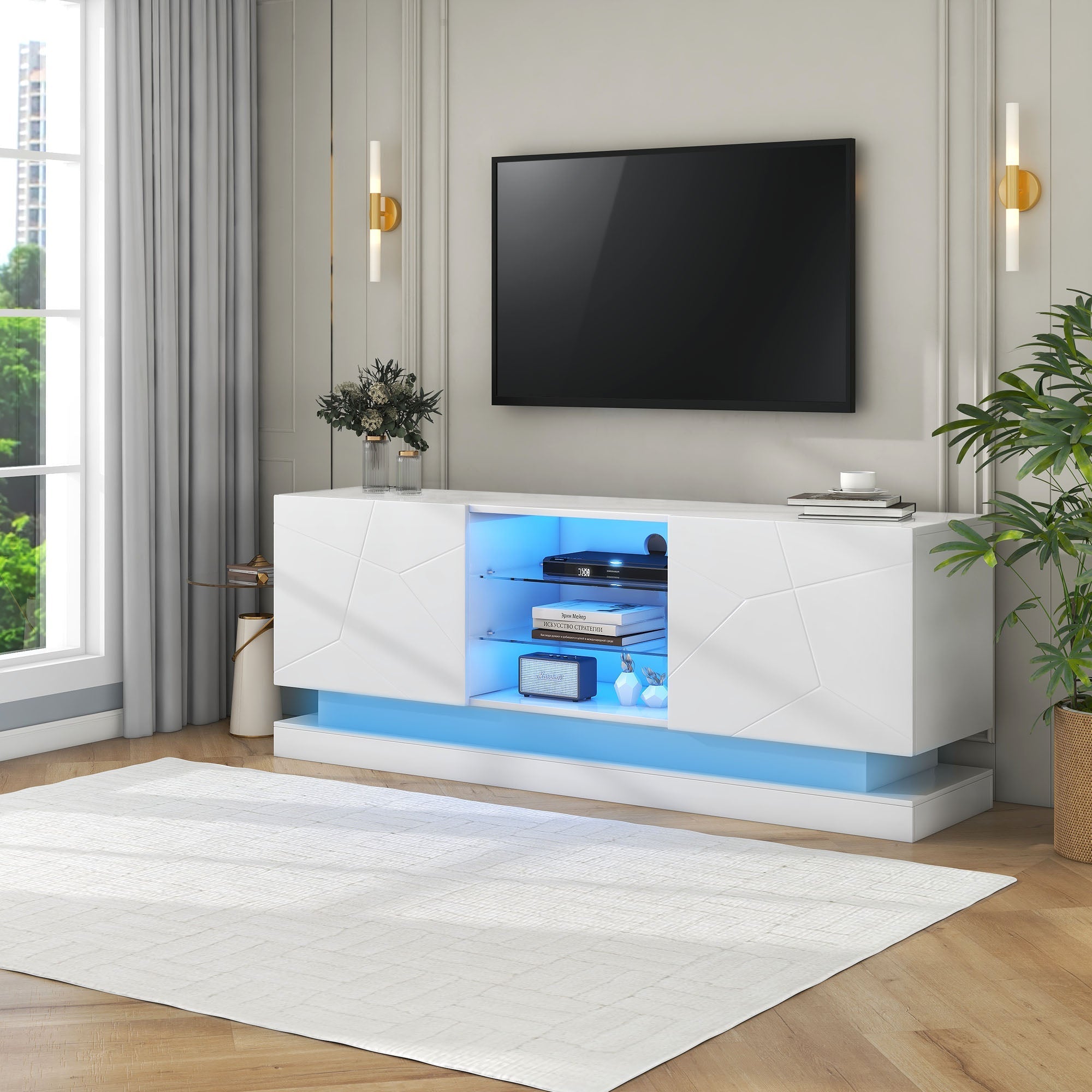 TV Cabinet Stand Unit, LED Modern Entertainment Center for 70" TV, High Gloss