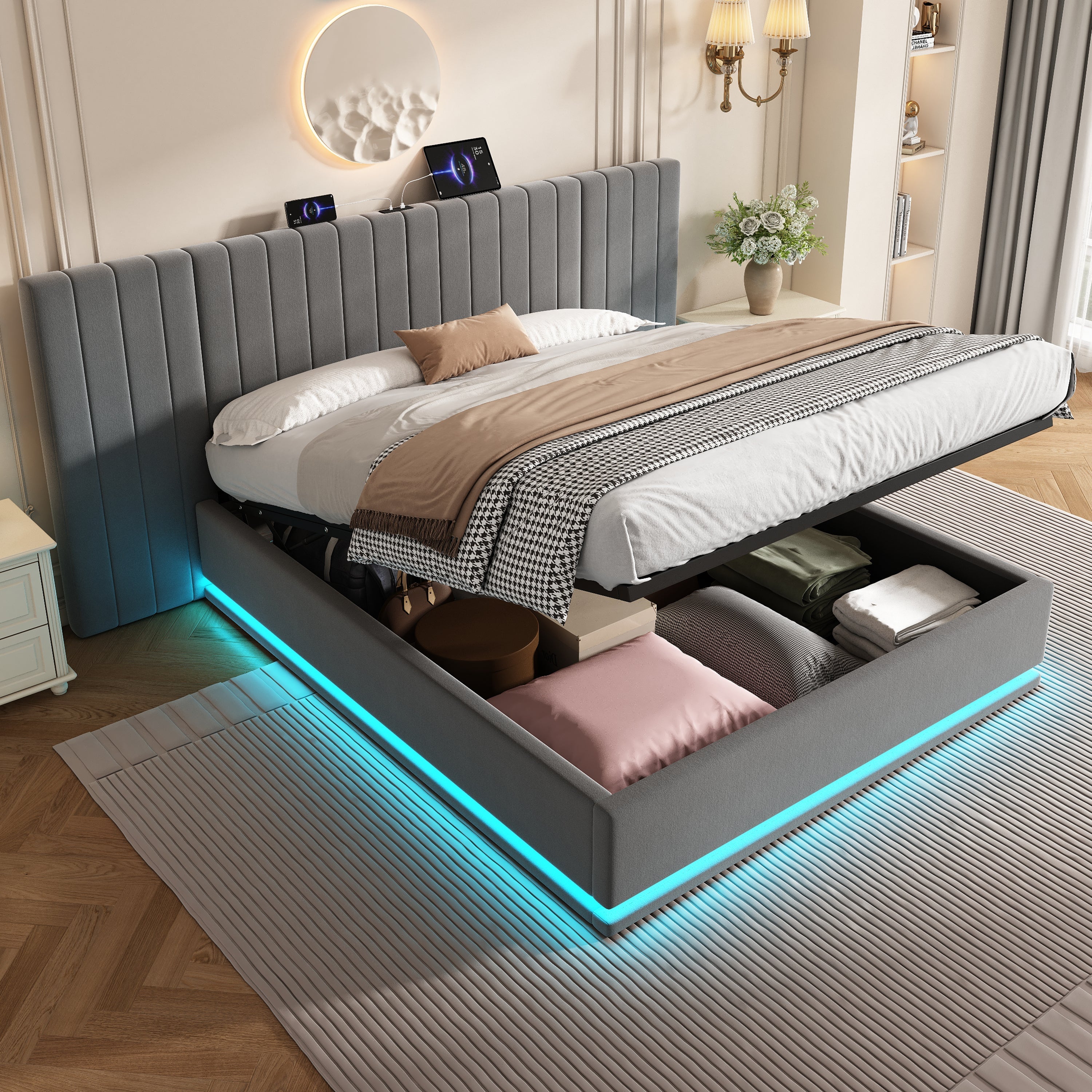 King Ottoman Bed with LED Storage and Charging Station, Velvet Grey