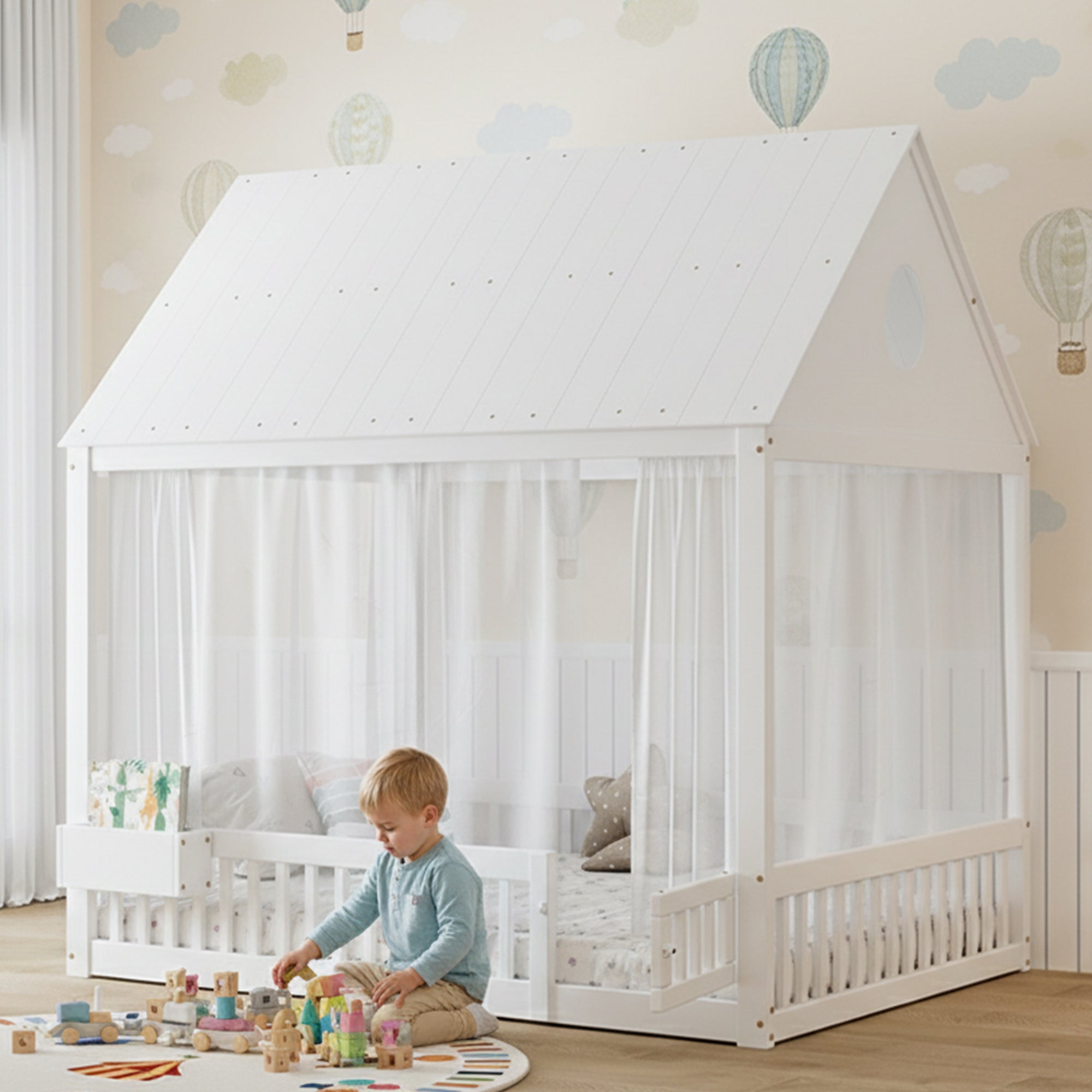 Children's Single Bed with Roof, Window, Curtains and Storage, 140x200cm, White Pine + MDF