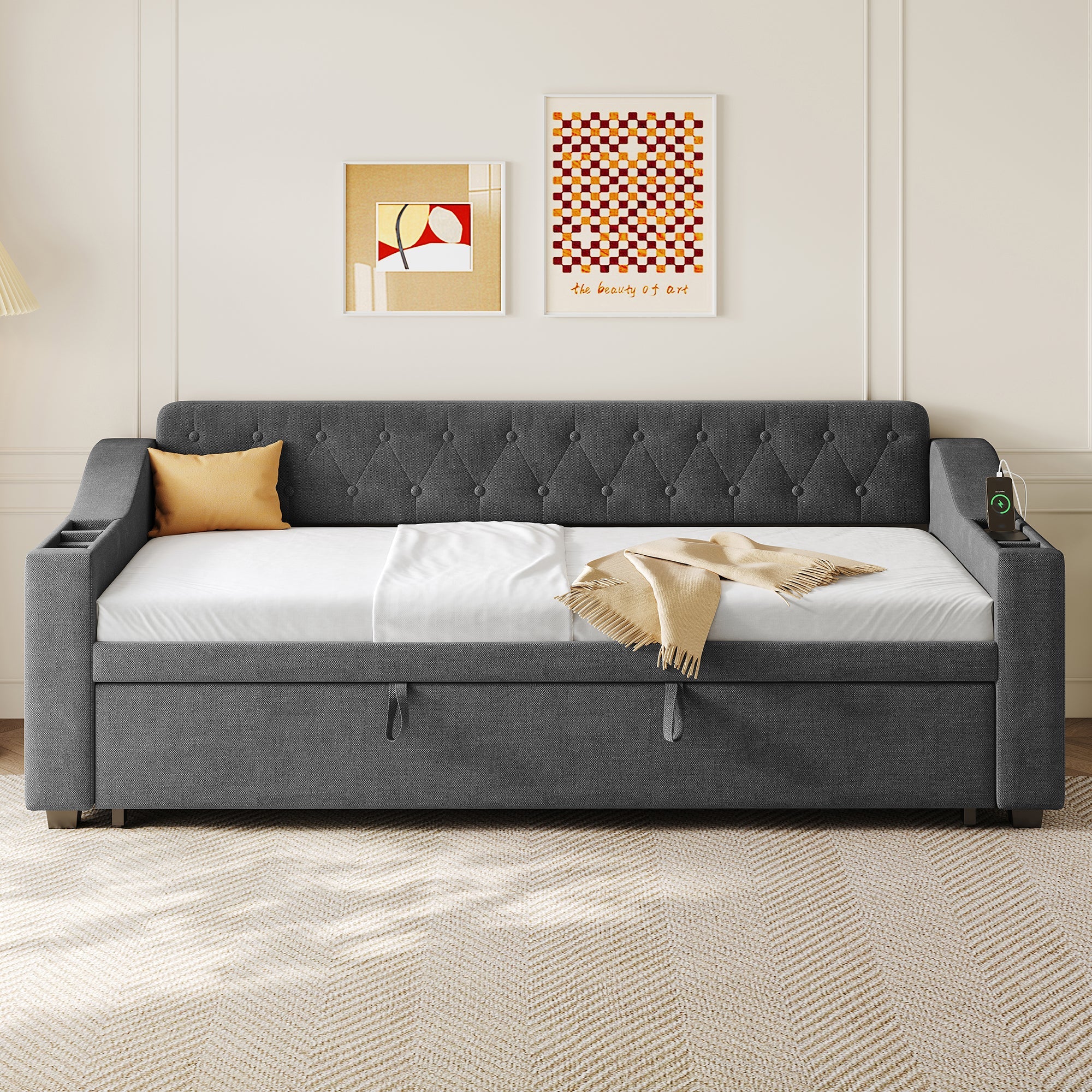Upholstered Daybed Sofa with Trundle, Charging Station and Armrest Storage, Linen Grey