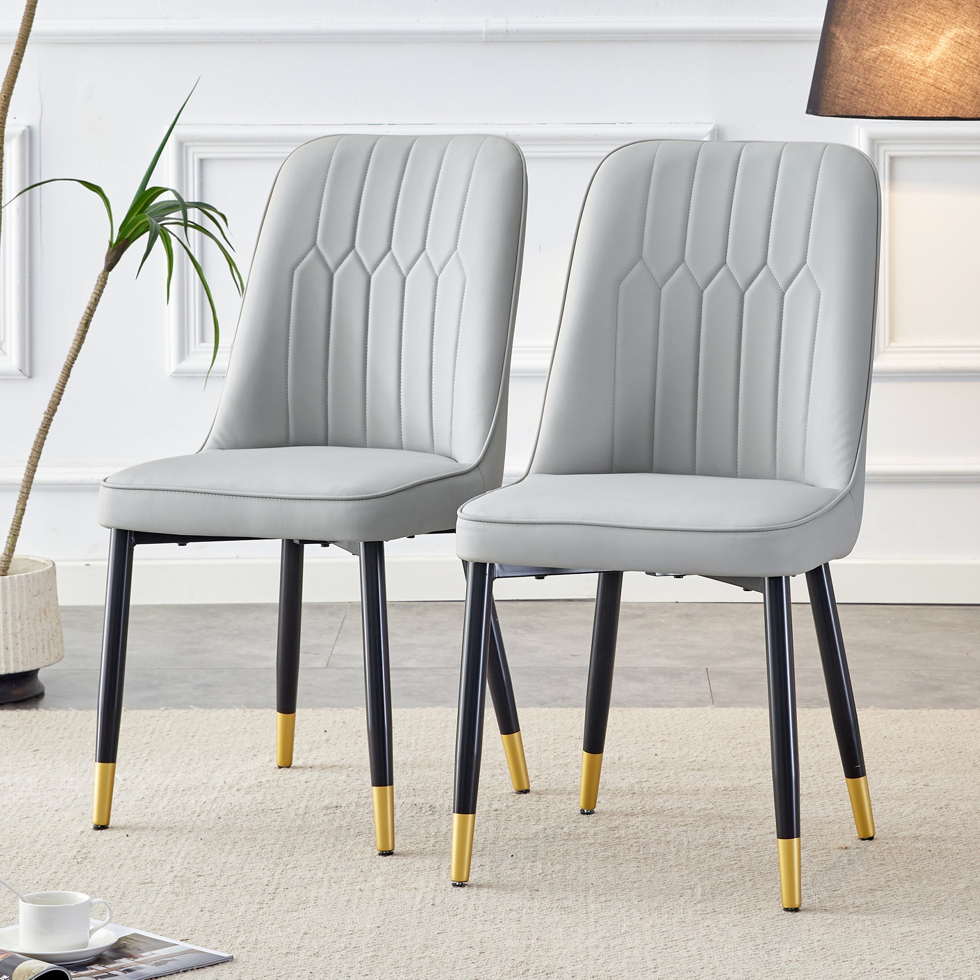 2-Piece Dining Chair Set PU Leather Back Black Metal Legs - Light Grey