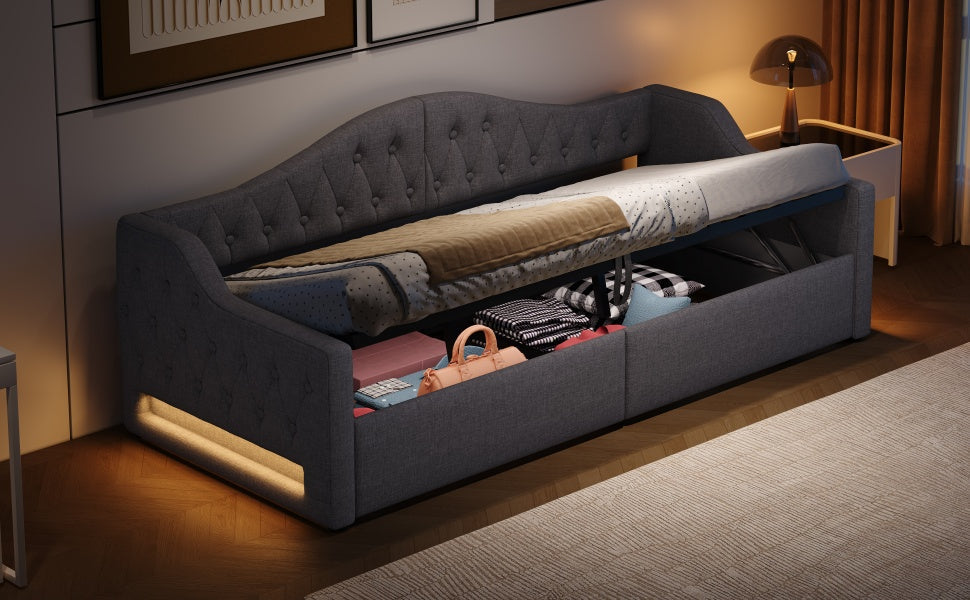 Daybed Upholstered 90x200 LED Storage - Grey