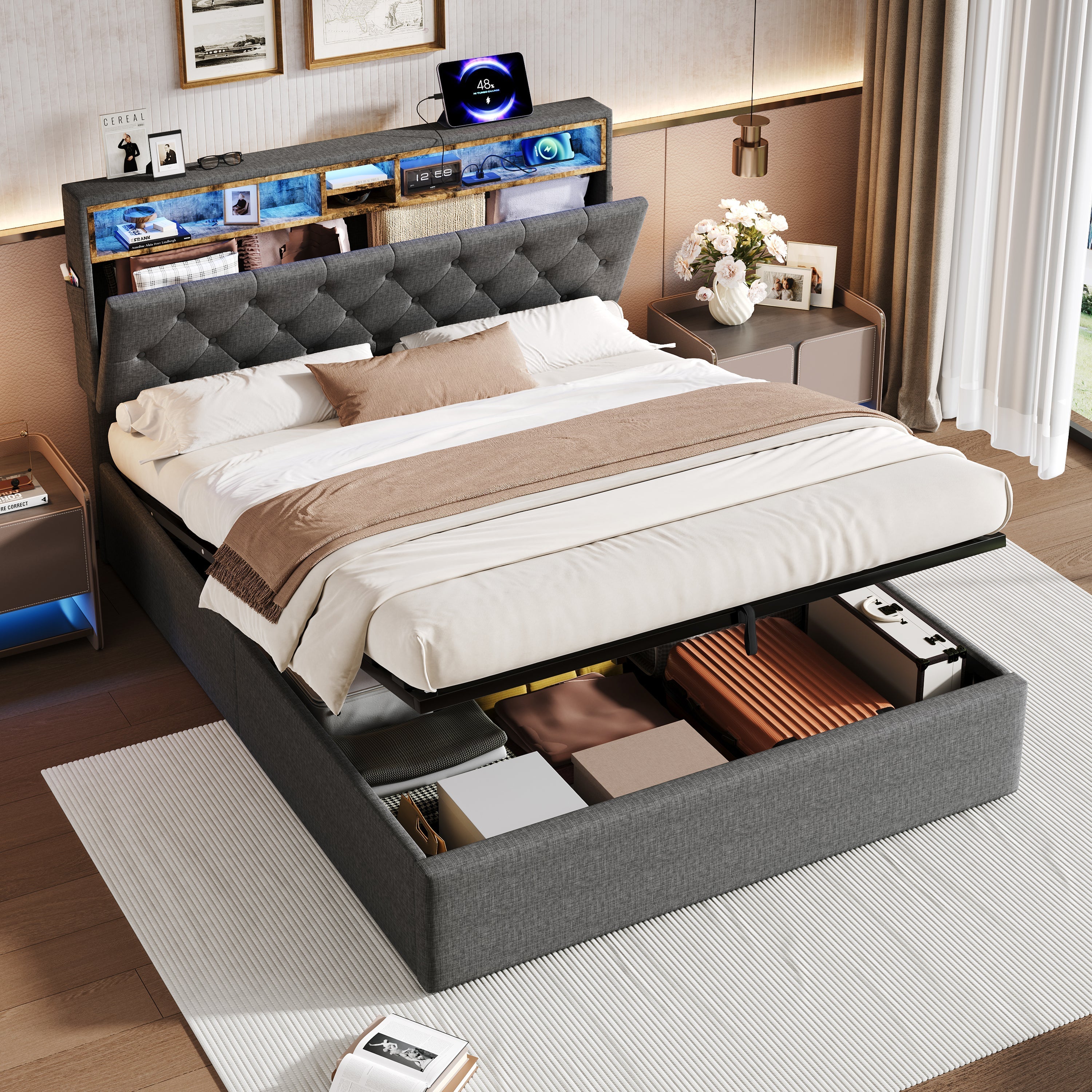 5ft King Upholstered Hydraulic Bed, Headboard Storage & LED Lighting, Linen Grey