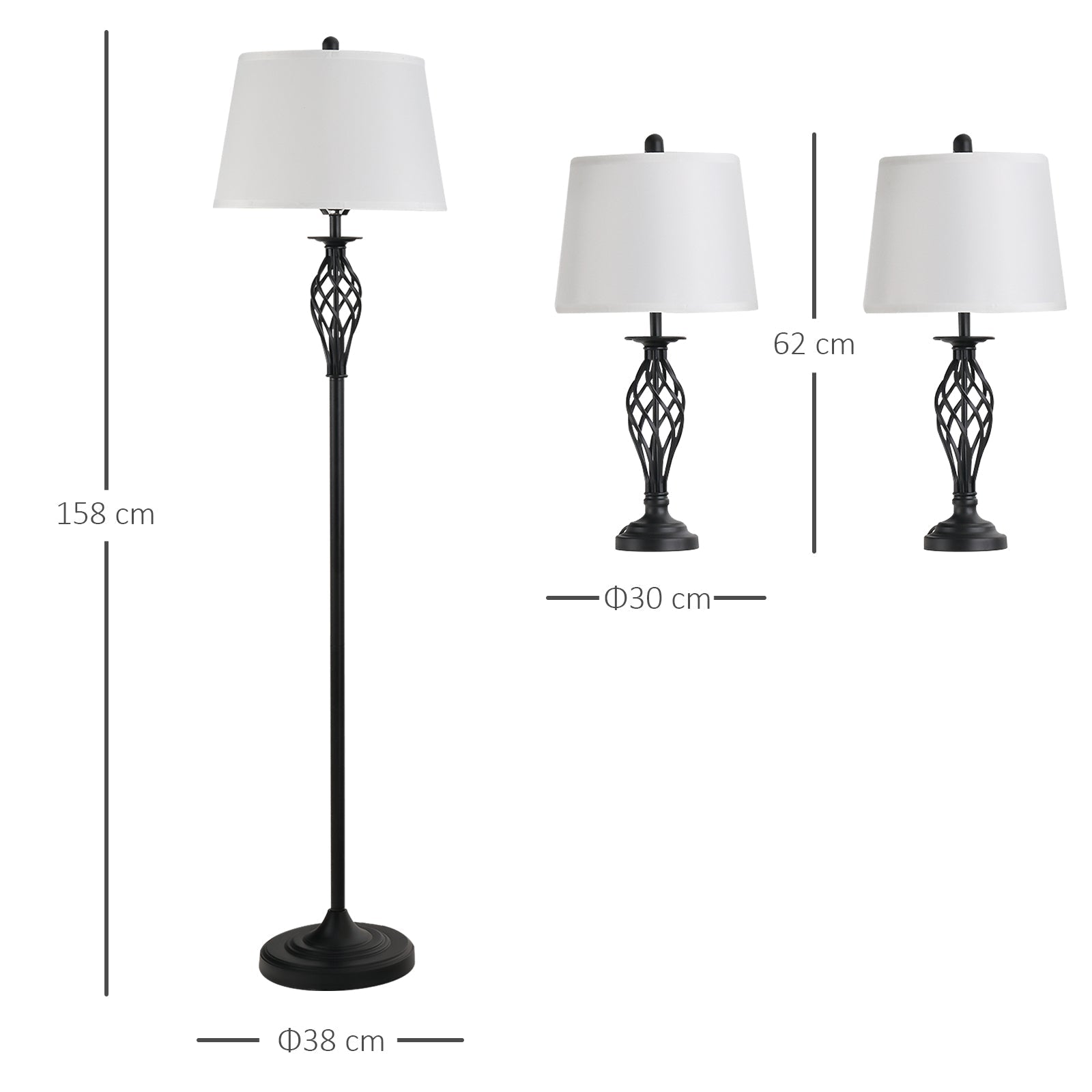 3-Piece Lamp Set: 2 Table Lamps (Ø38cm) & 1 Floor Lamp (Ø62cm), Vintage Black/White Metal/Cotton