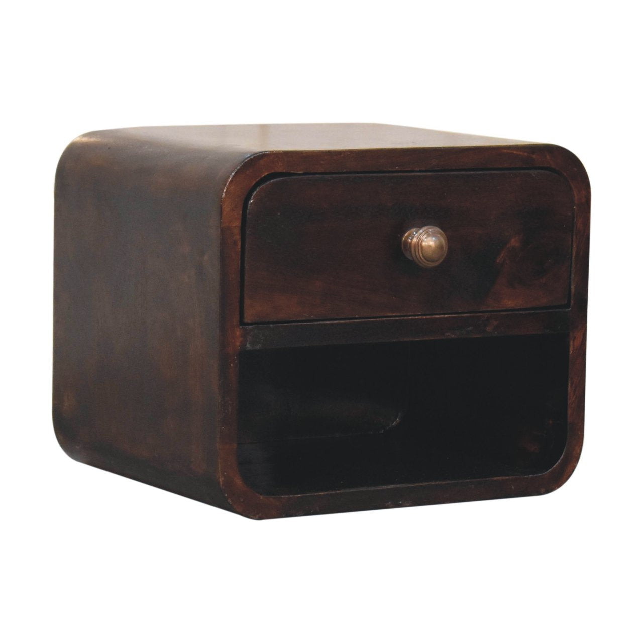Solid Wood Bedside, Mini Curved Wall Mounted w/ Open Slot & 1 Drawer, Dark Brown