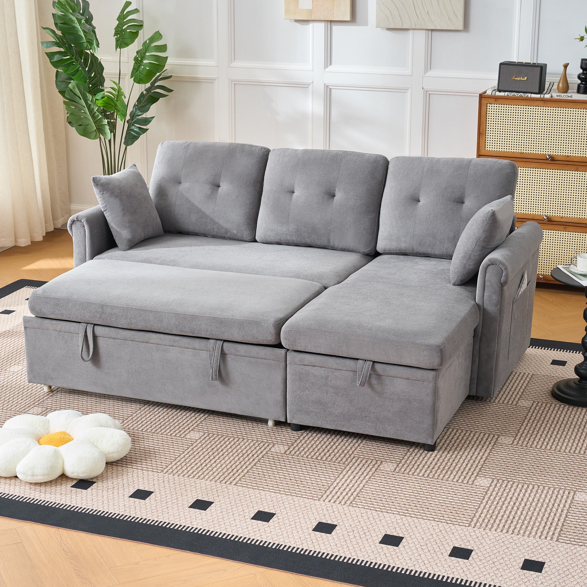 L-Shaped Corner Sofa Bed with Storage, Sleeping Function, Reversible, Chenille Grey