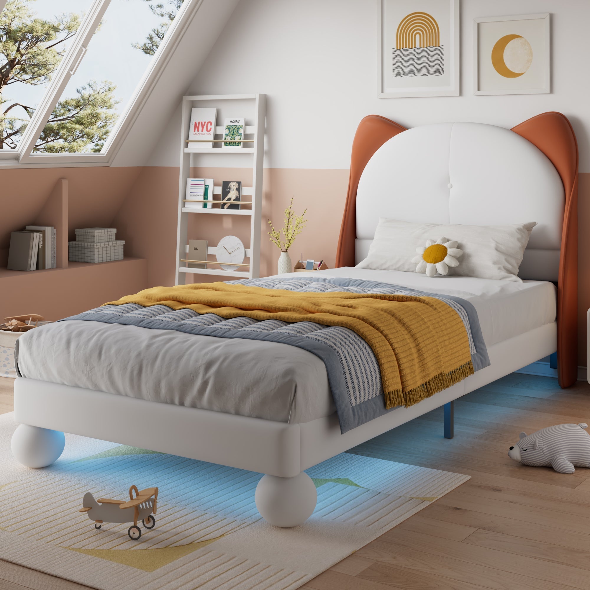 Upholstered Bed, Single/Children's, Cat-Ear Headboard, LED Light Strip, Beige + Yellow-Brown PU