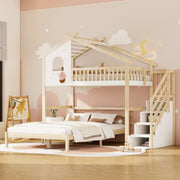 Bunk Bed with Storage Ladder, Bed Rail & Window, White + Natural