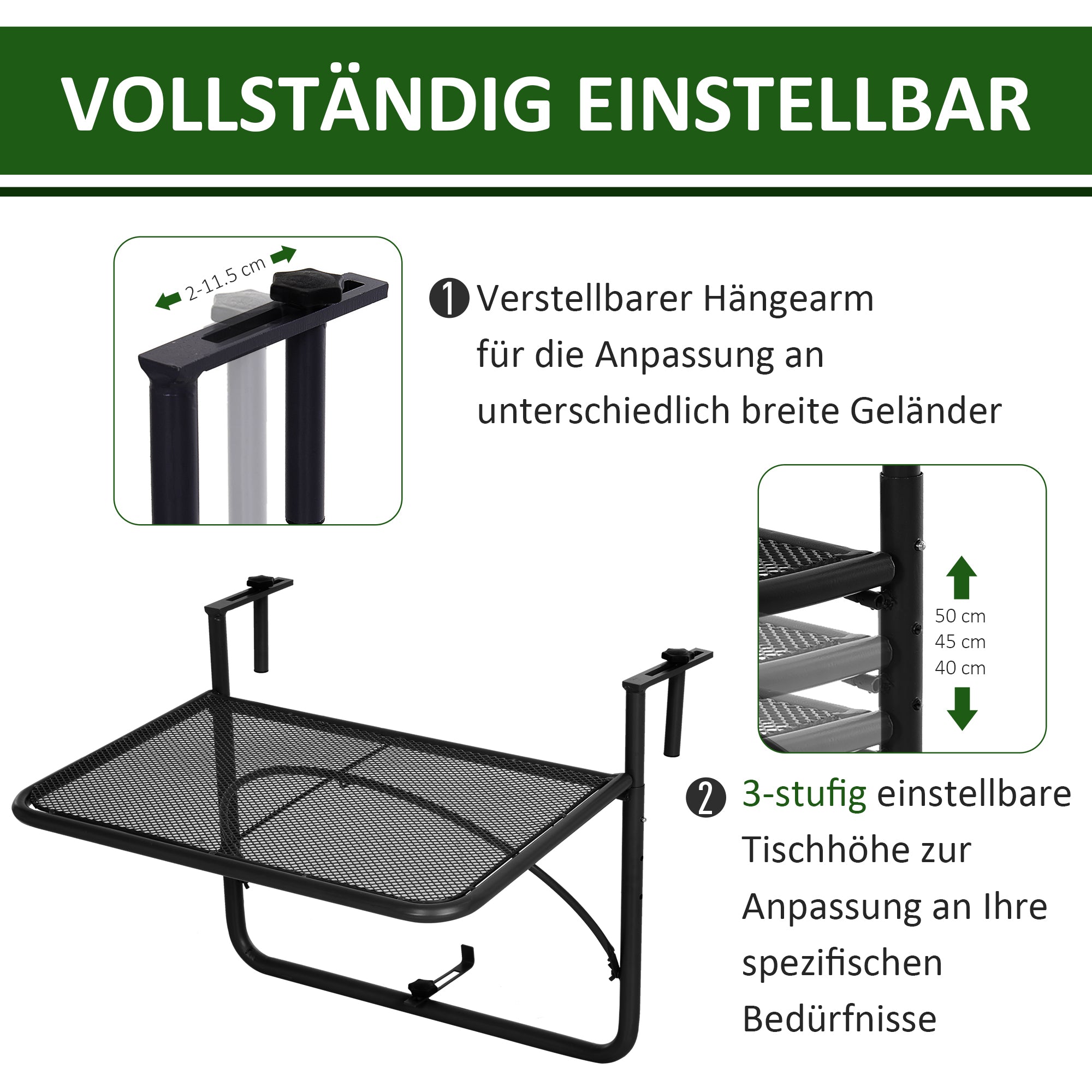 Balcony Hanging Table, Height-Adjustable Square 60x56.5x45cm, Black Metal