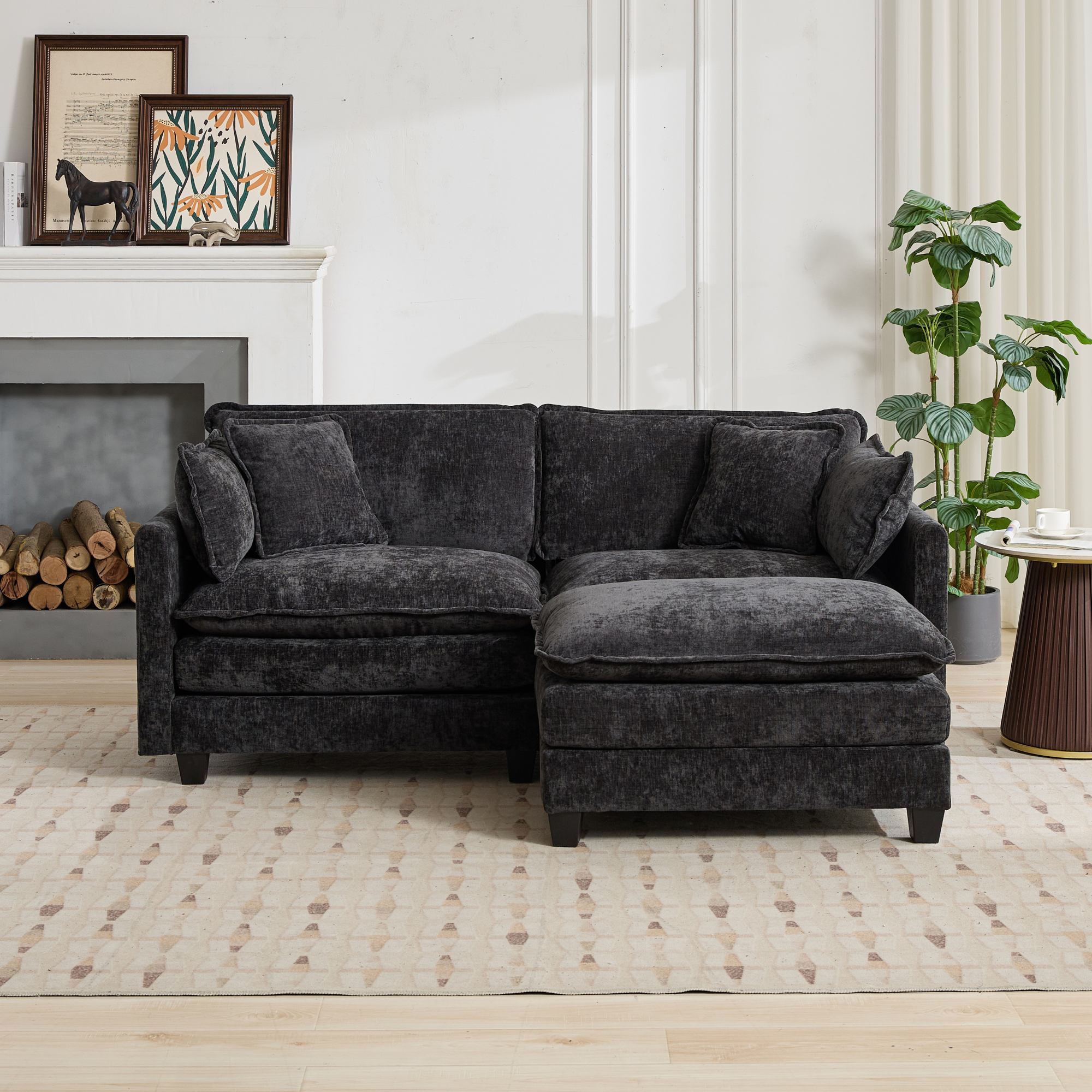 Cloud Sofa Loveseat, Modern Sectional Couch with Double Layer Cushions, Black Chenille Fabric