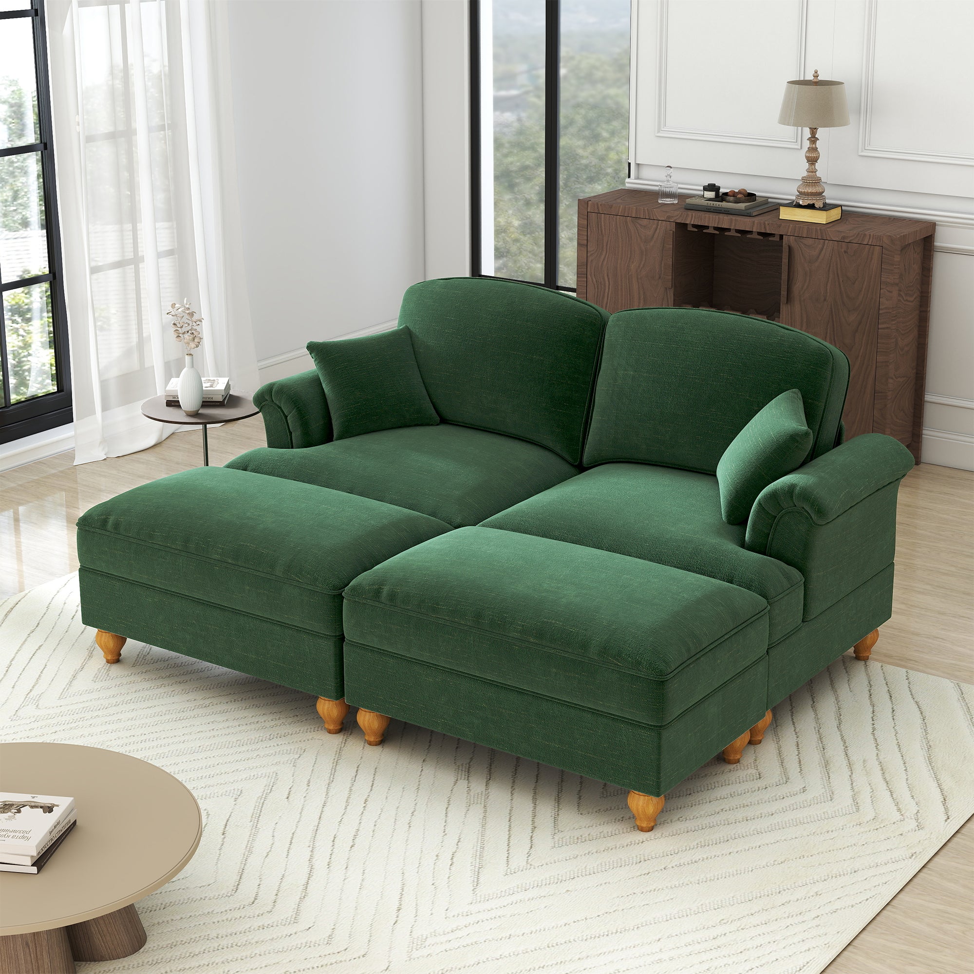 Classic Modular 2-Seater Sofa Movable Ottoman Funnel Armrests Chenille Green