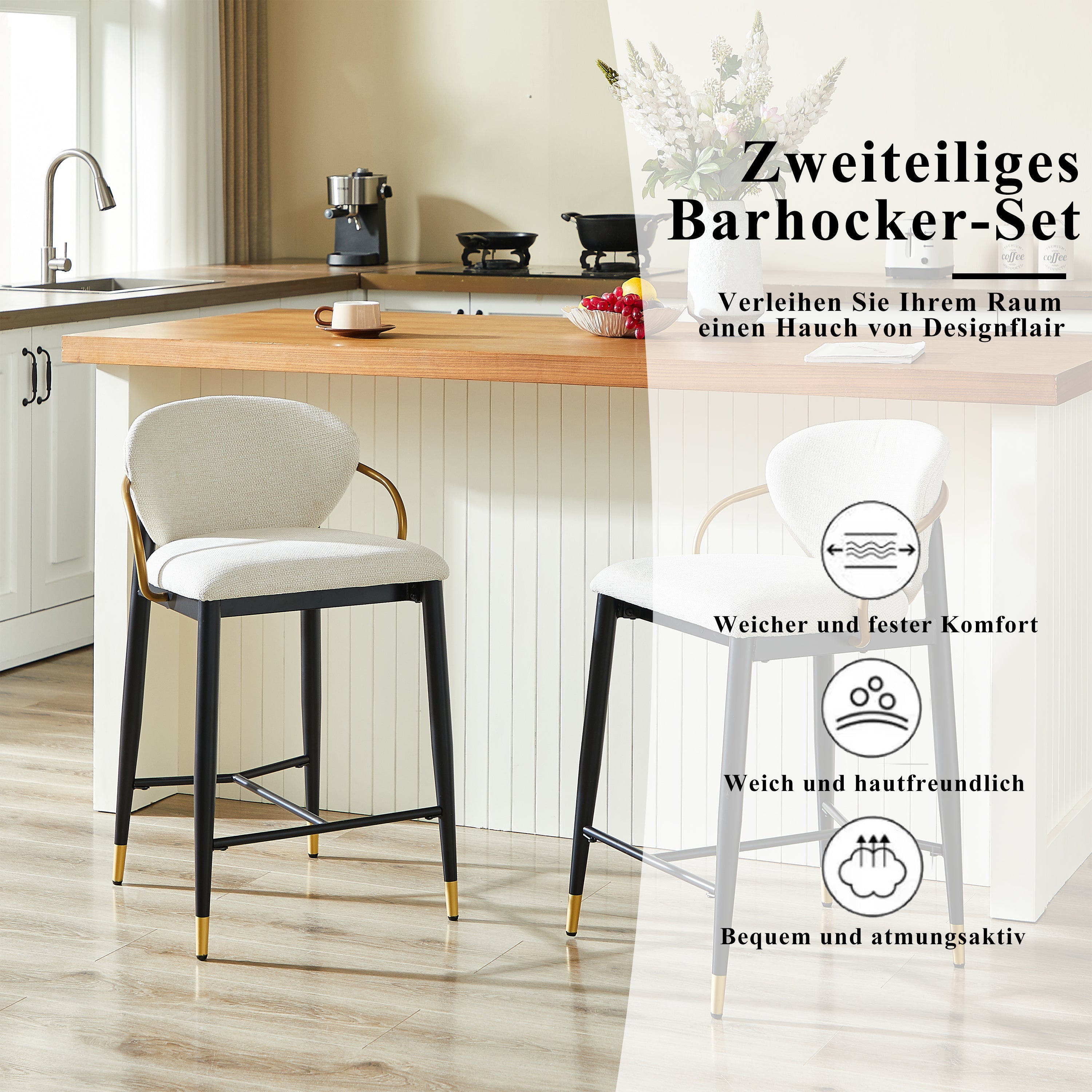 Height-adjustable Bar Stool Set of 2 with Backrest and Footrest, Beige Chenille