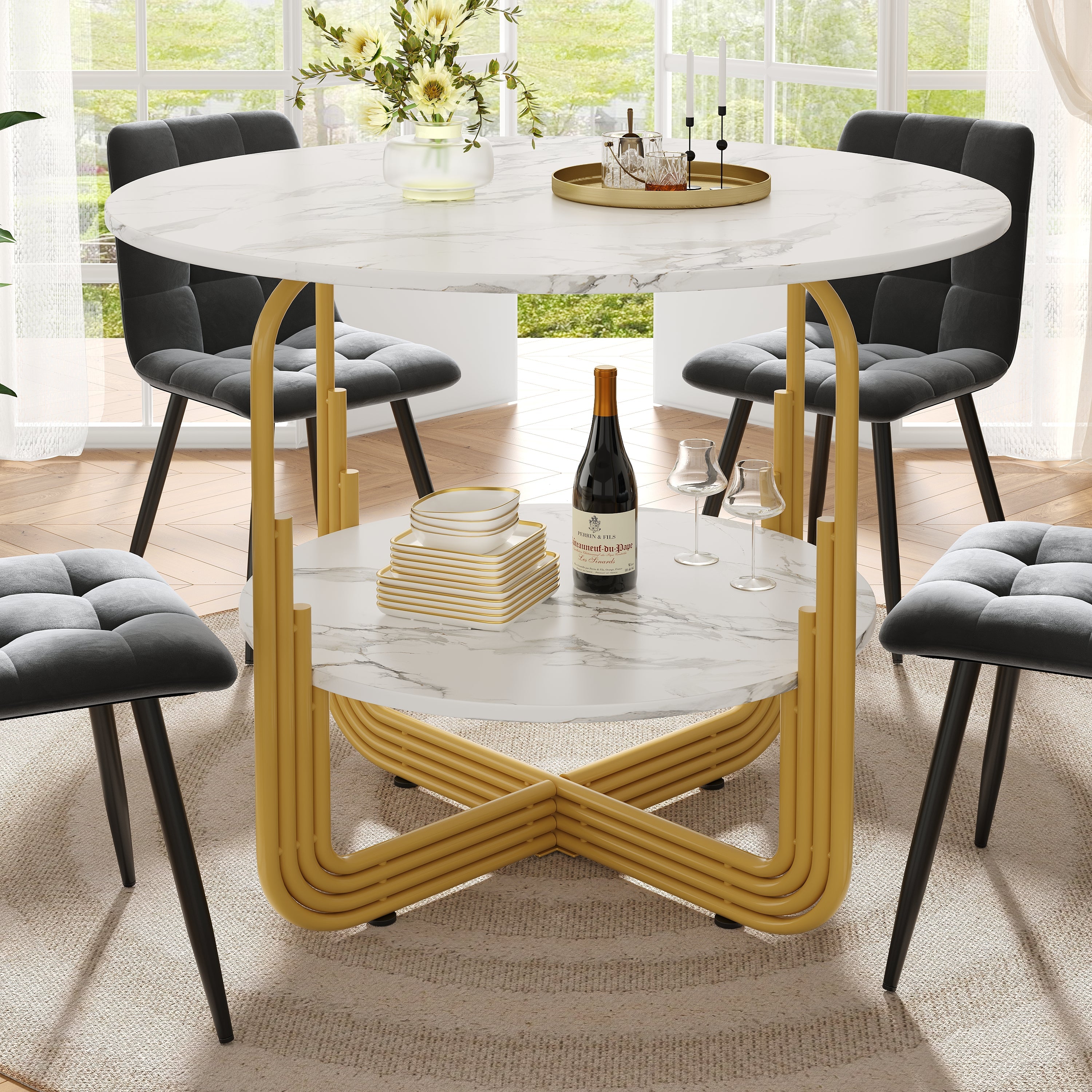 Round Dining Table 80x80x76cm 4-Person Storage Shelf MDF Marble Top